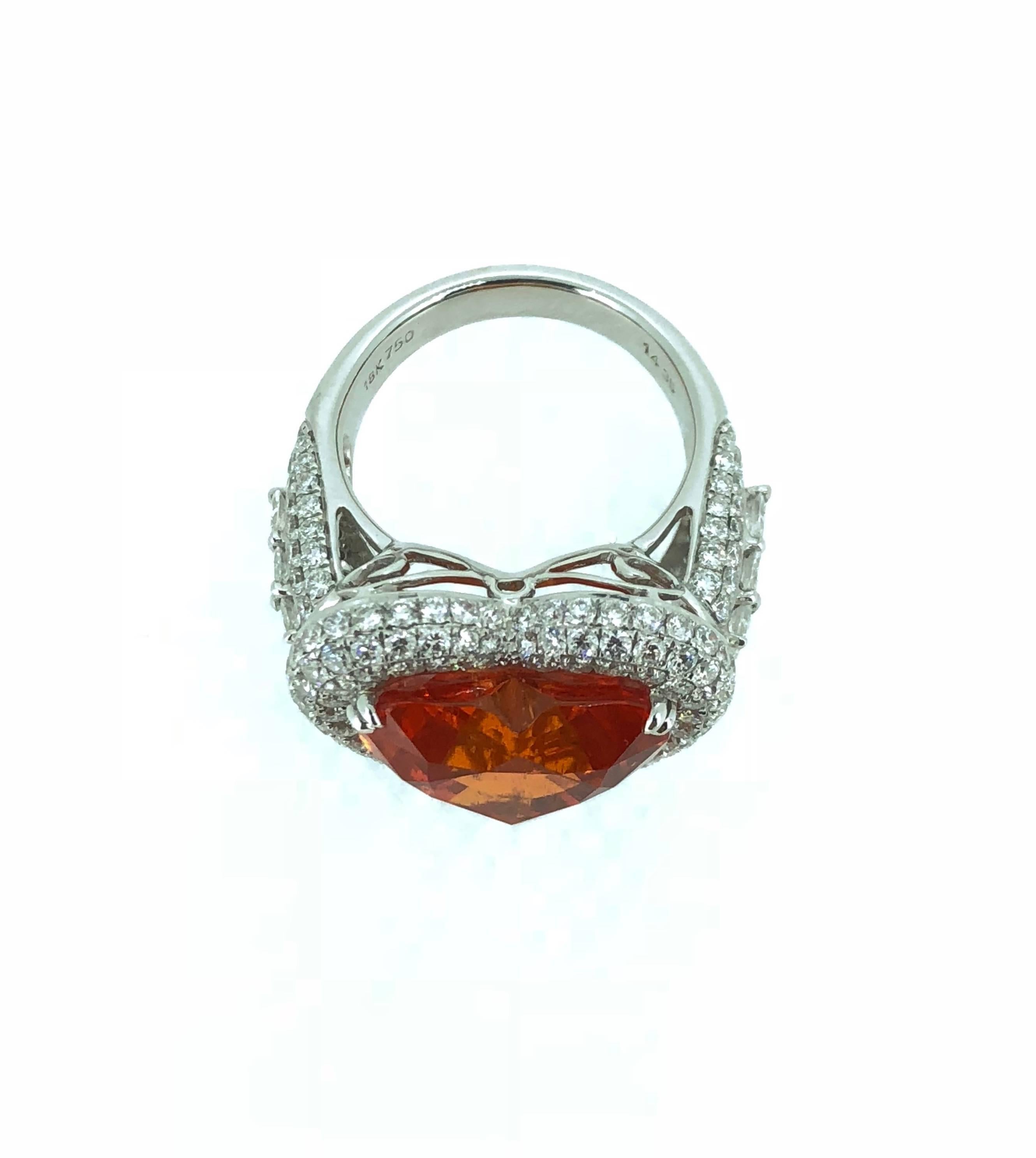 14.35 Carat Heart Shape Mandarin Garnet Diamond Cocktail Ring  For Sale 3