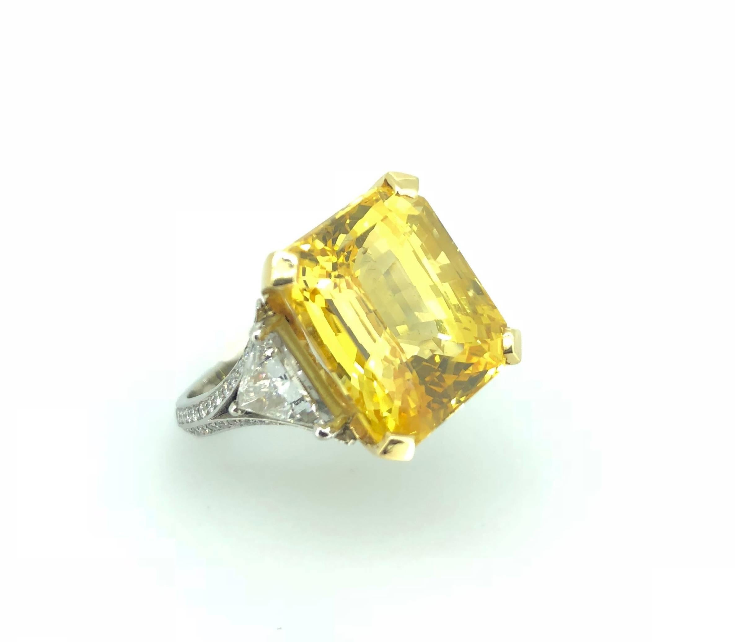 Modern Natural 20.01 Carat Vivid Emerald Cut Yellow Sapphire Diamond Ring  For Sale
