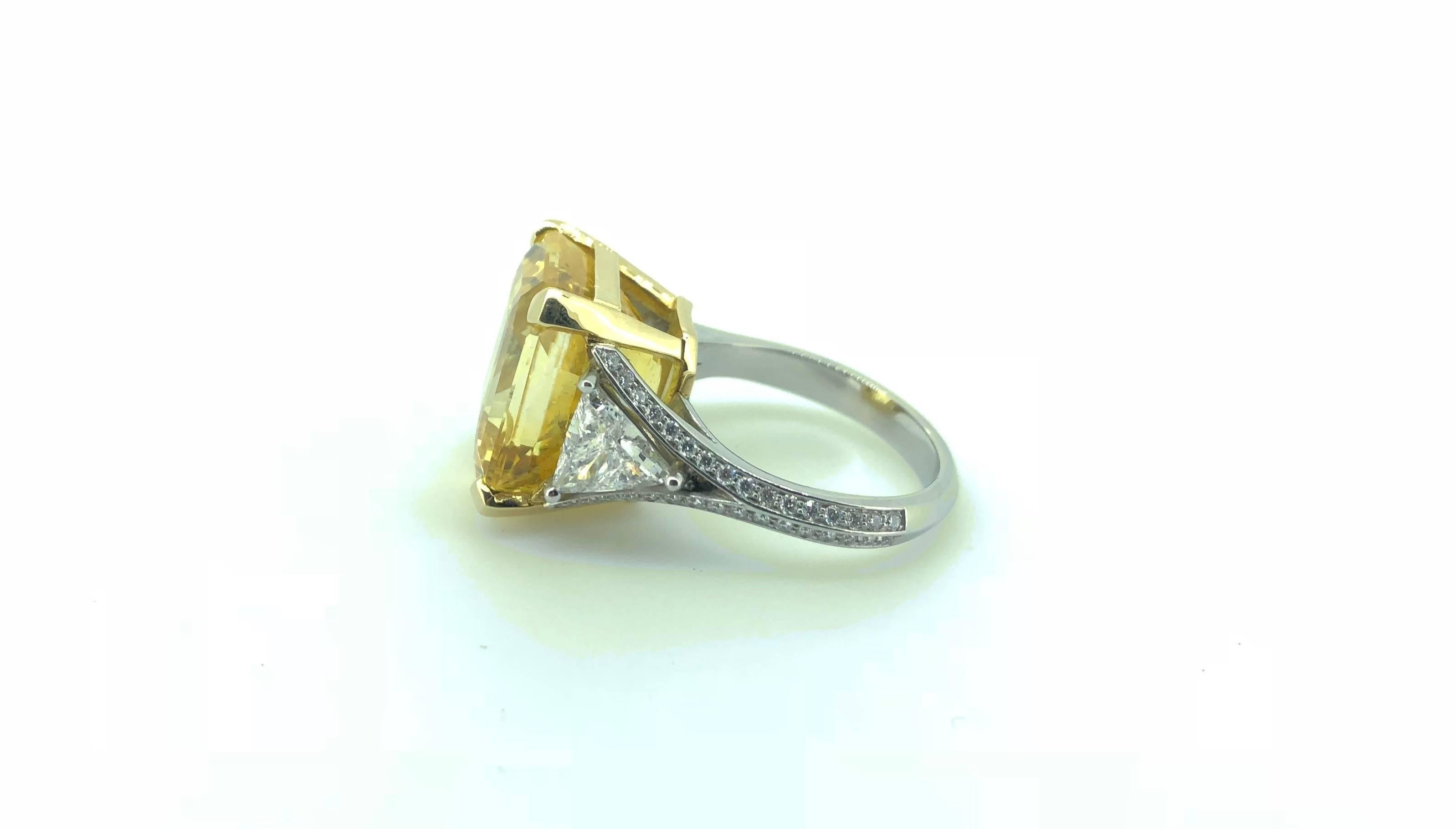 Natural 20.01 Carat Vivid Emerald Cut Yellow Sapphire Diamond Ring  In New Condition For Sale In London, GB