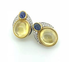 14K Yellow Gold Natural Yellow Sapphire Cabochon Diamond Ear Clips