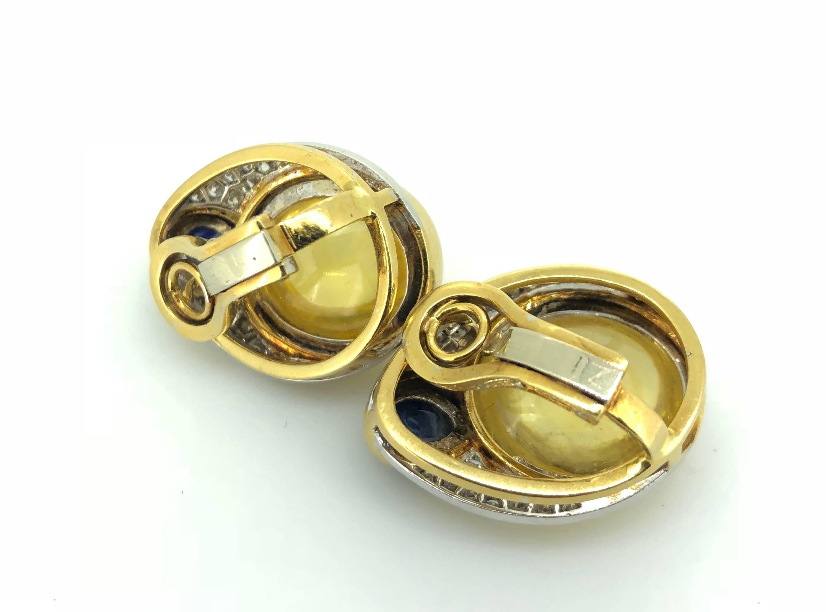Retro 14K Yellow Gold Natural Yellow Sapphire Cabochon Diamond Ear Clips For Sale