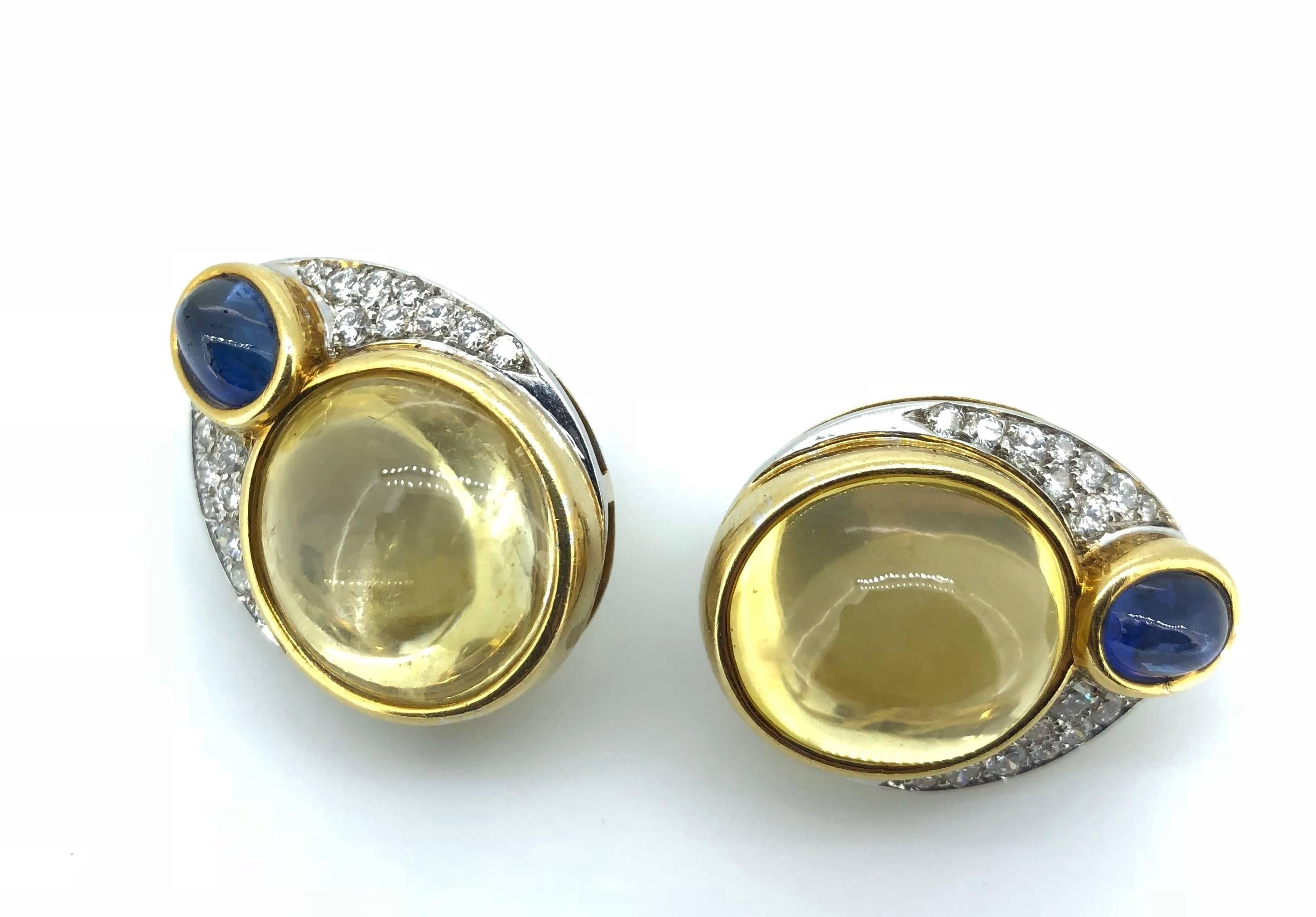 14K Yellow Gold Natural Yellow Sapphire Cabochon Diamond Ear Clips In Good Condition For Sale In London, GB