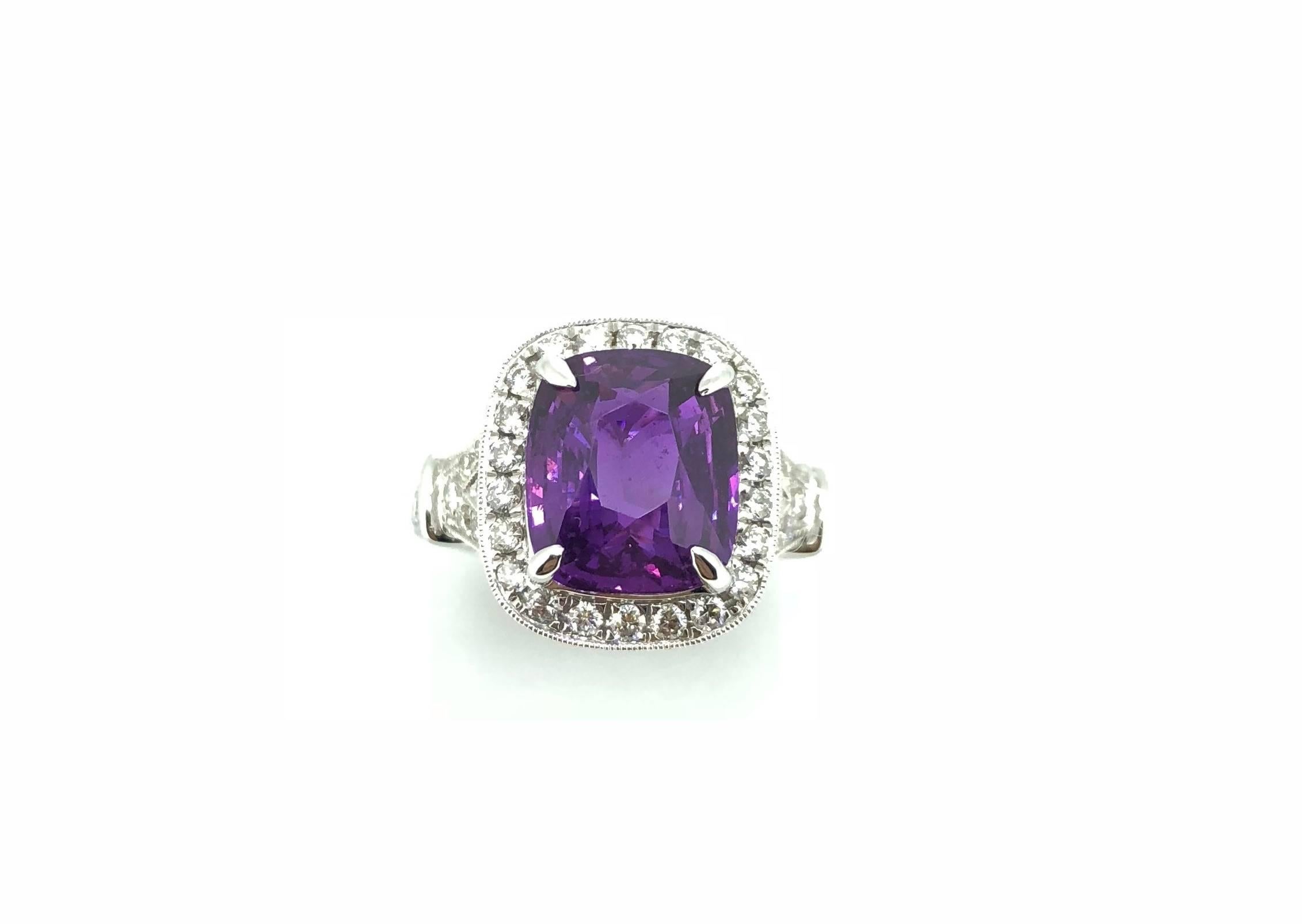 Cushion Cut Natural 5.94 Carat Vivid Purple Sapphire Diamond Ring  For Sale