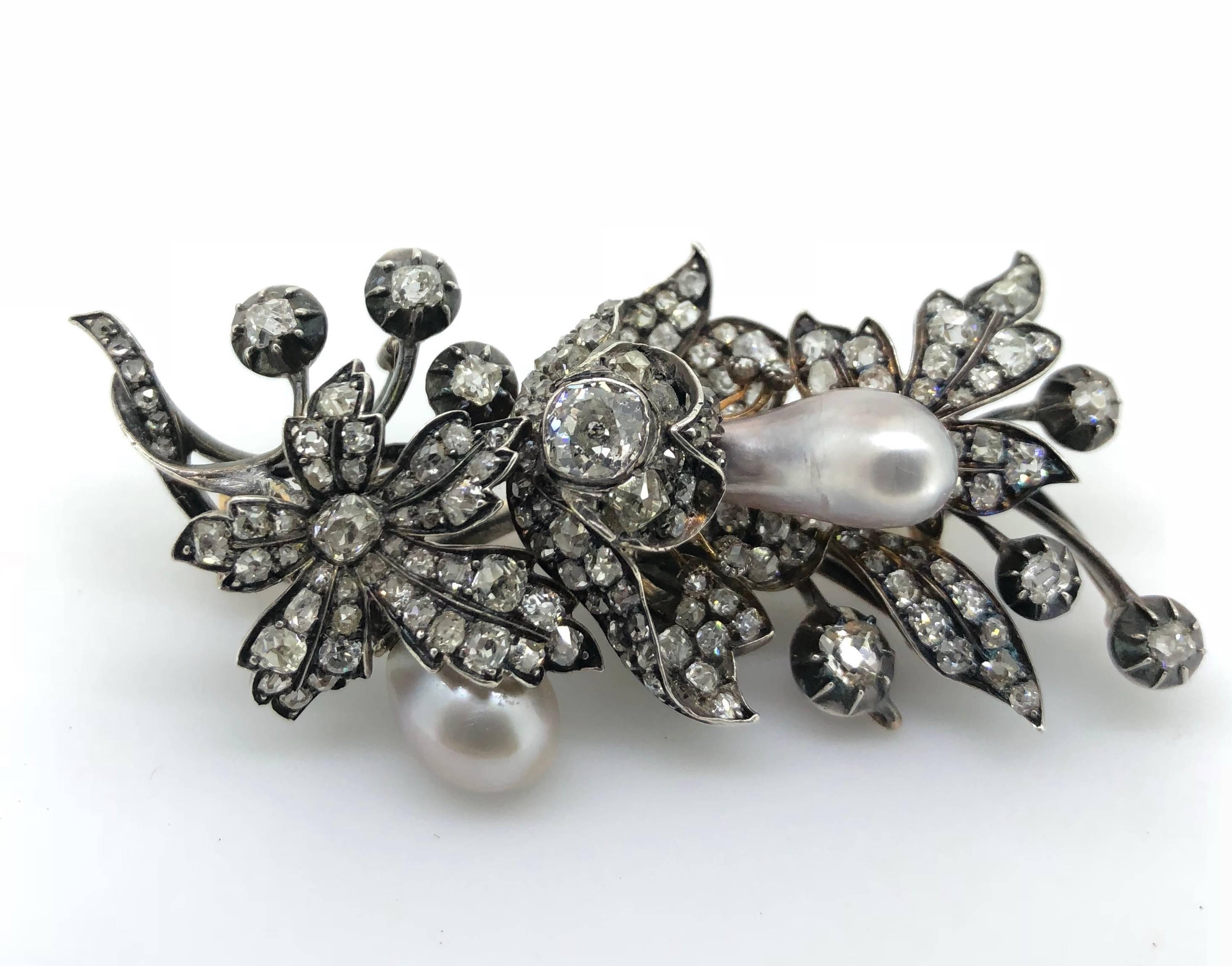 Late Victorian Victorian Natural Pearl And Diamond Spray Brooch, Circa 1860 For Sale