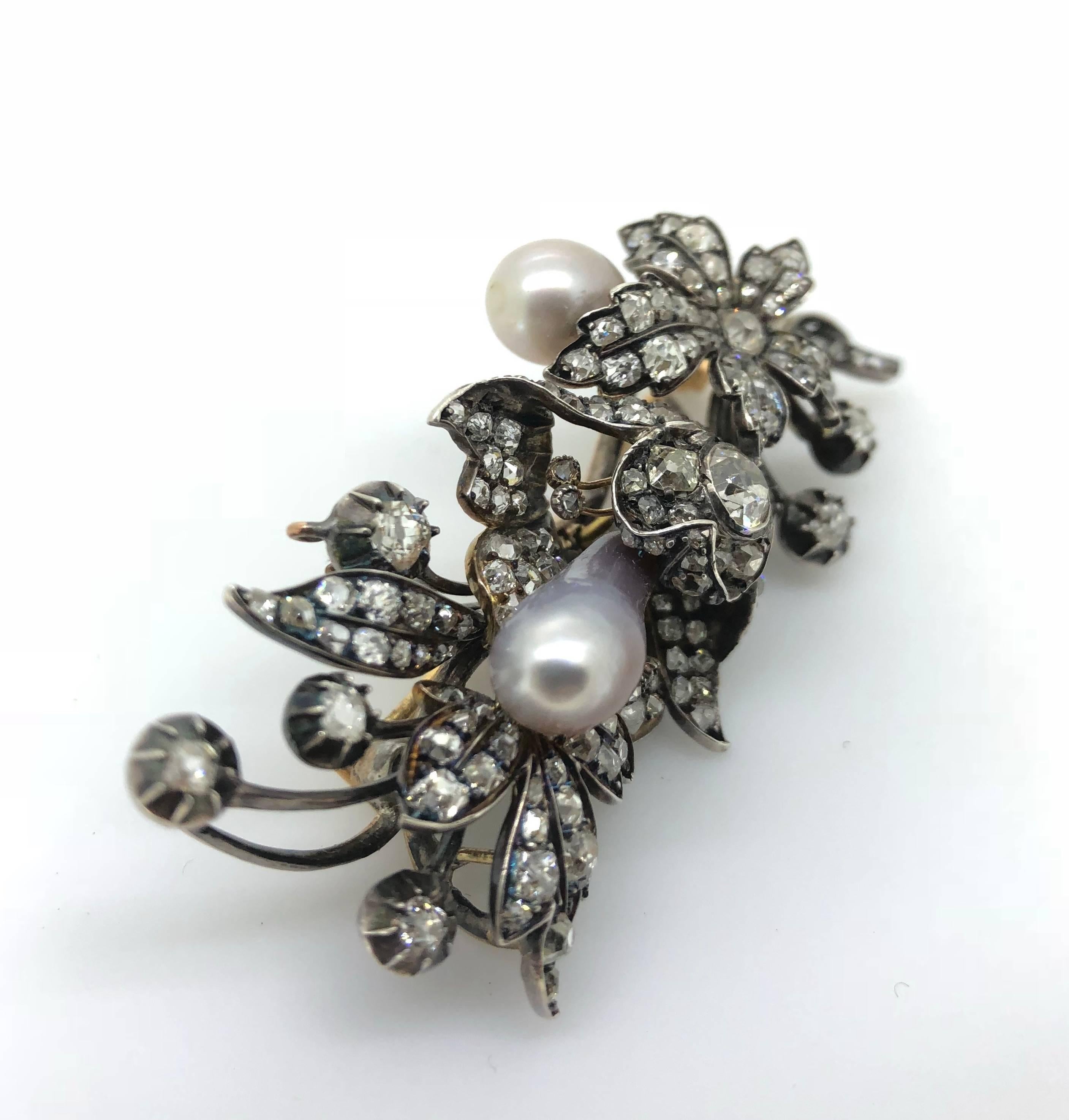 Victorian Natural Pearl And Diamond Spray Brooch, Circa 1860 In Good Condition For Sale In London, GB