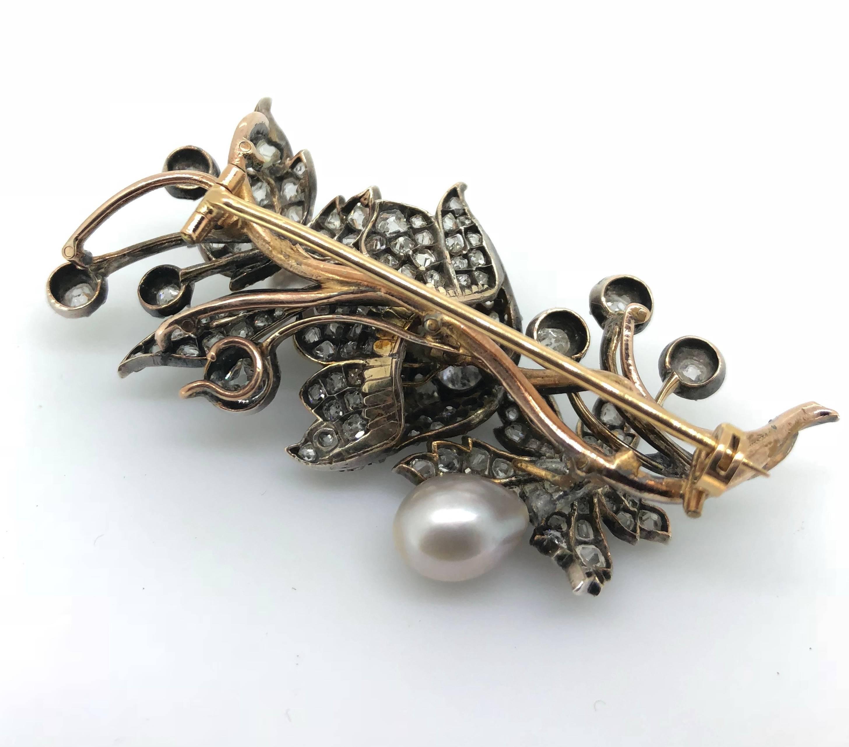 Women's or Men's Victorian Natural Pearl And Diamond Spray Brooch, Circa 1860 For Sale