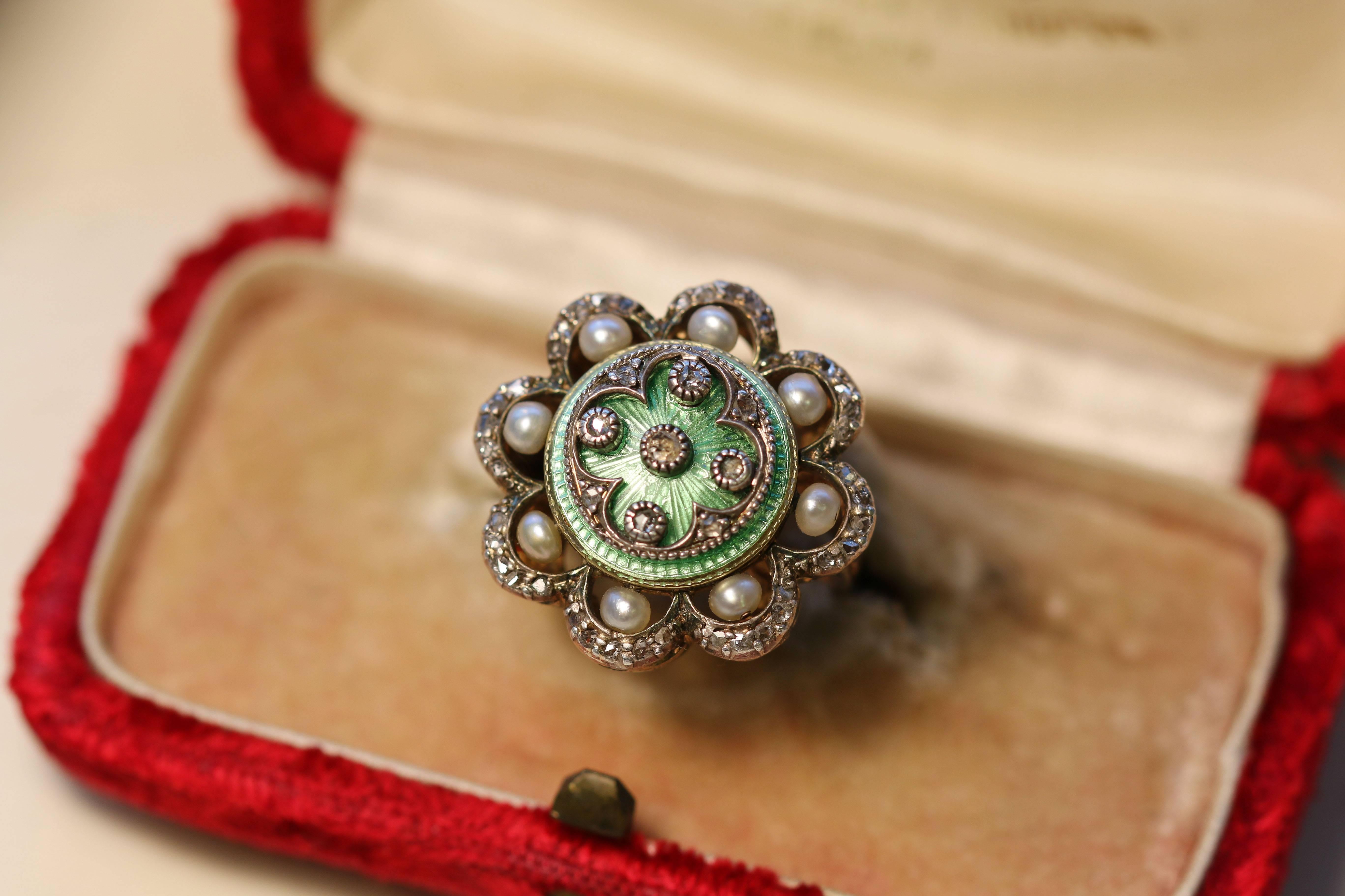 Victorian Green Enamel, Pearl and Diamond Engraved Yellow Gold Ring In Excellent Condition In Banbury, GB