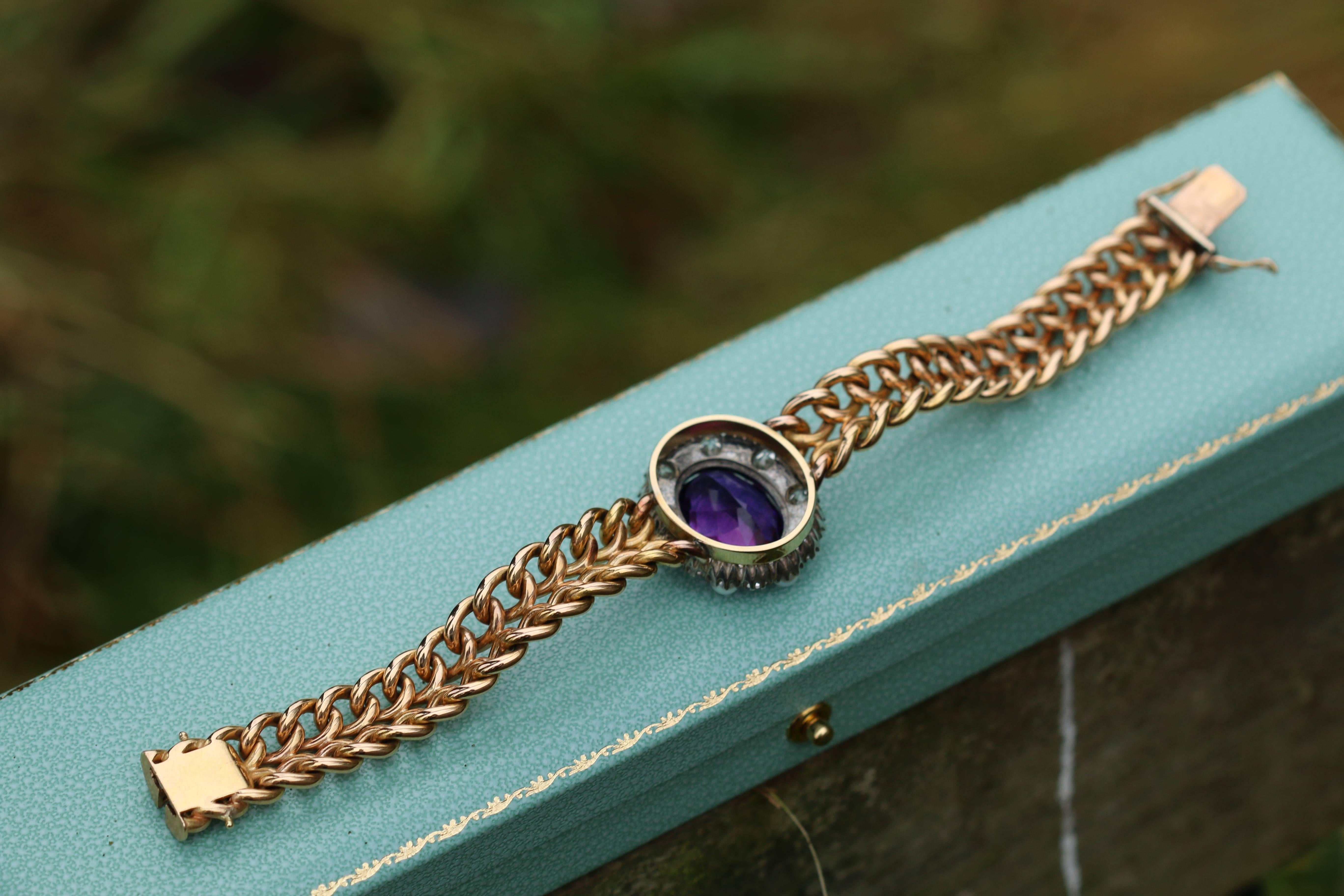 Amethyst, Pearl and Diamond 18 Karat Yellow Gold Bracelet In Excellent Condition In Banbury, GB