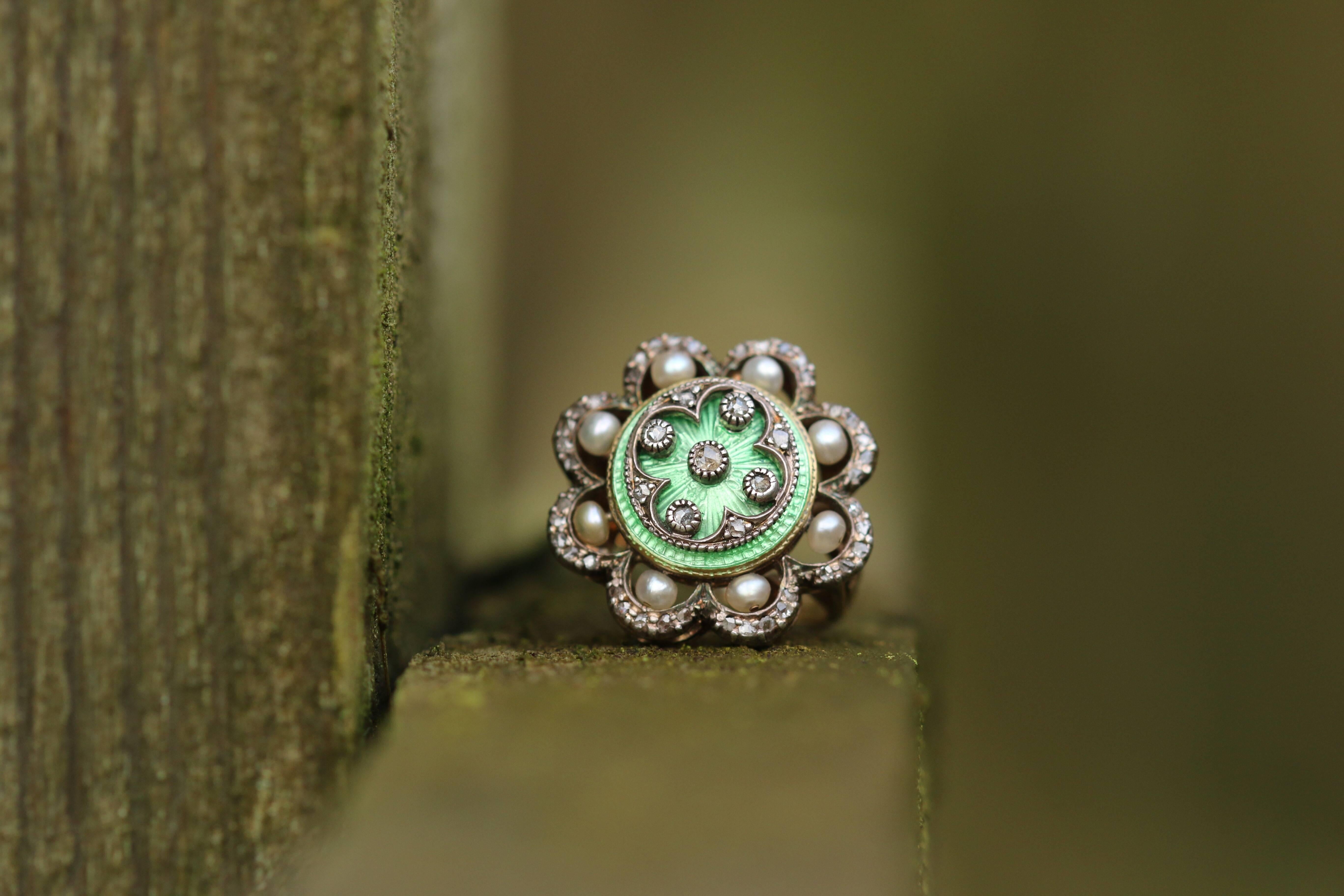 Victorian Green Enamel, Pearl and Diamond Engraved Yellow Gold Ring 1