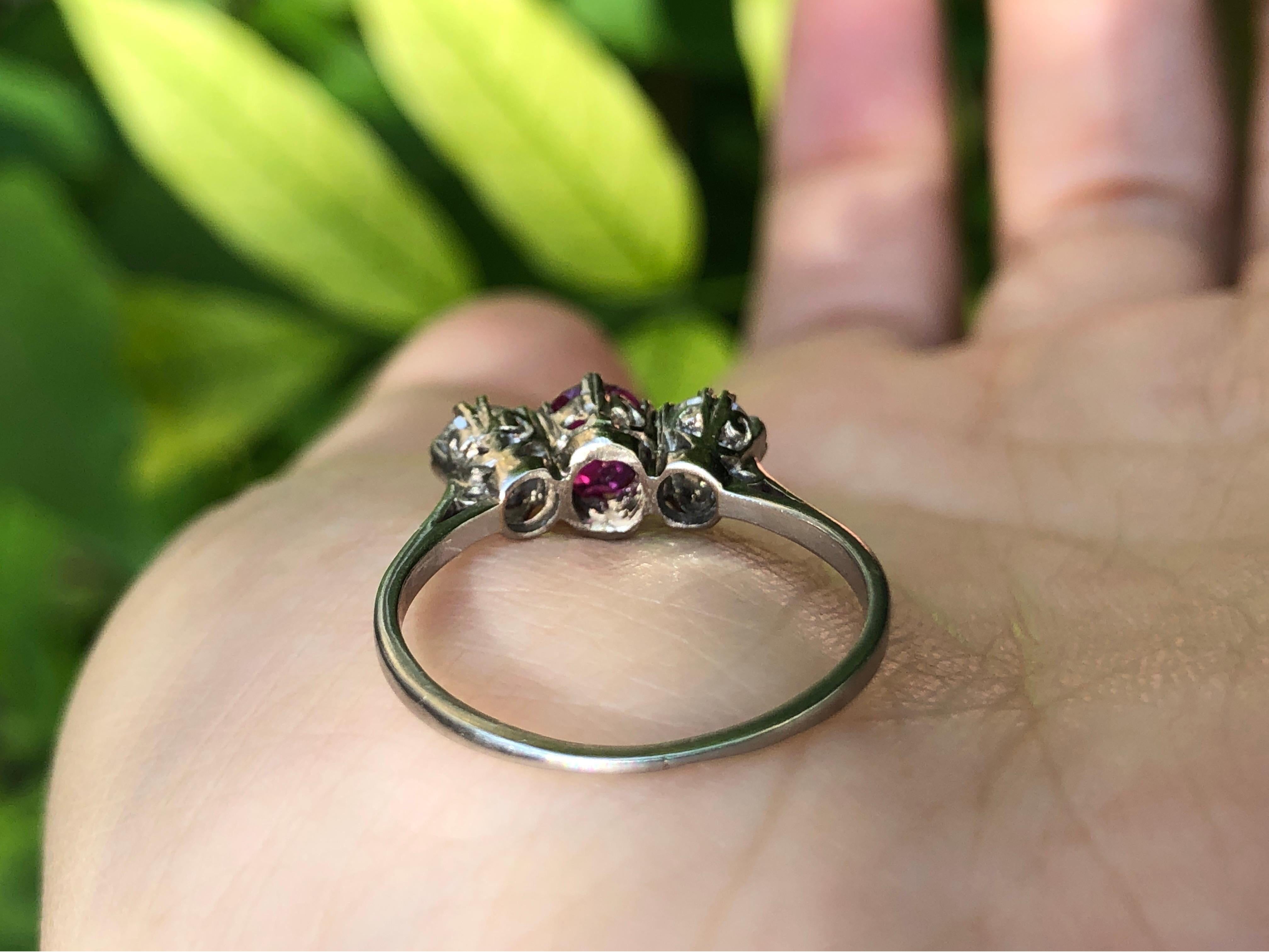 Women's Gorgeous Edwardian Antique Platinum Ruby Diamond Three-Stone Ring