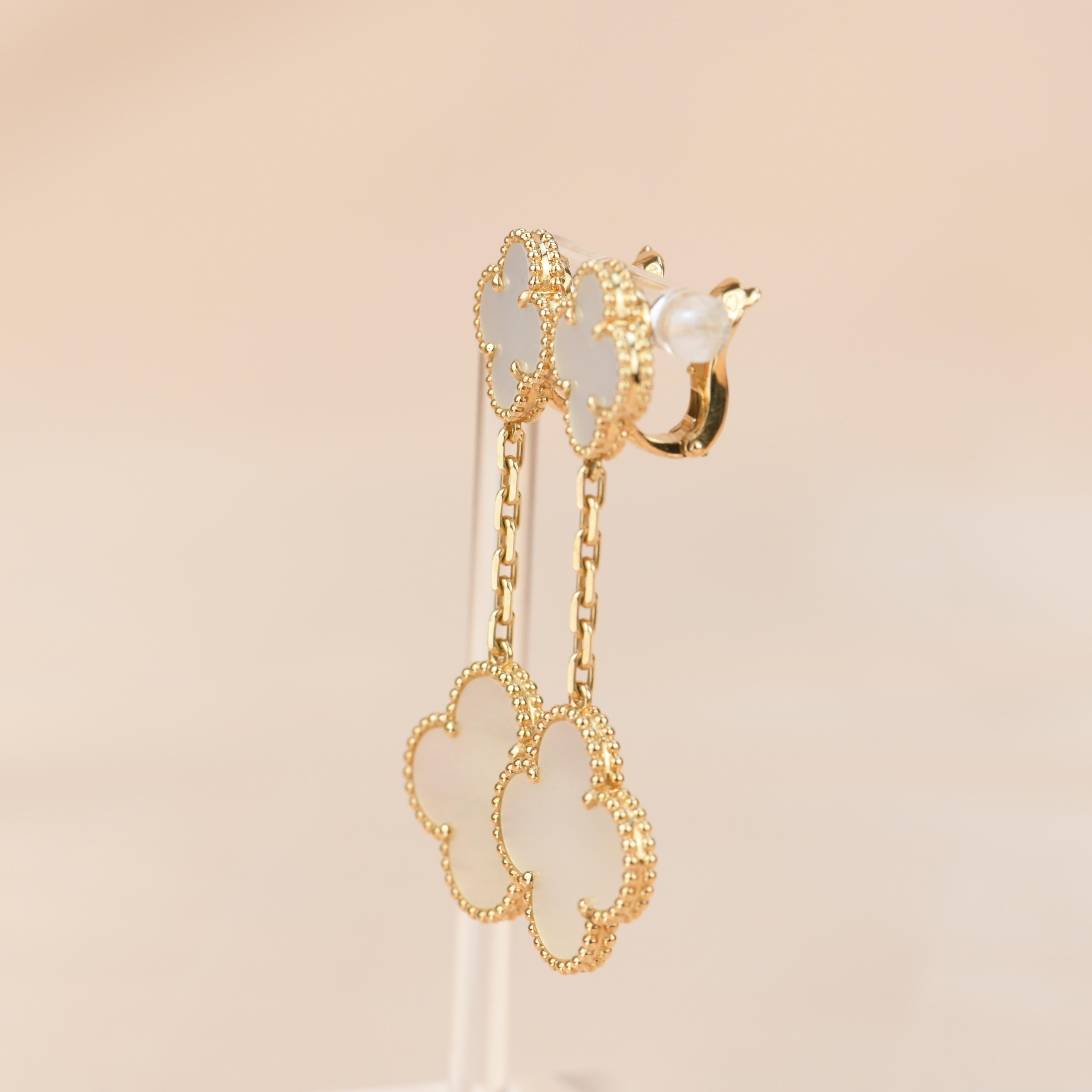 Women's Van Cleef & Arpels VCA Magic Alhambra Long Mother of Pearl Gold Earrings