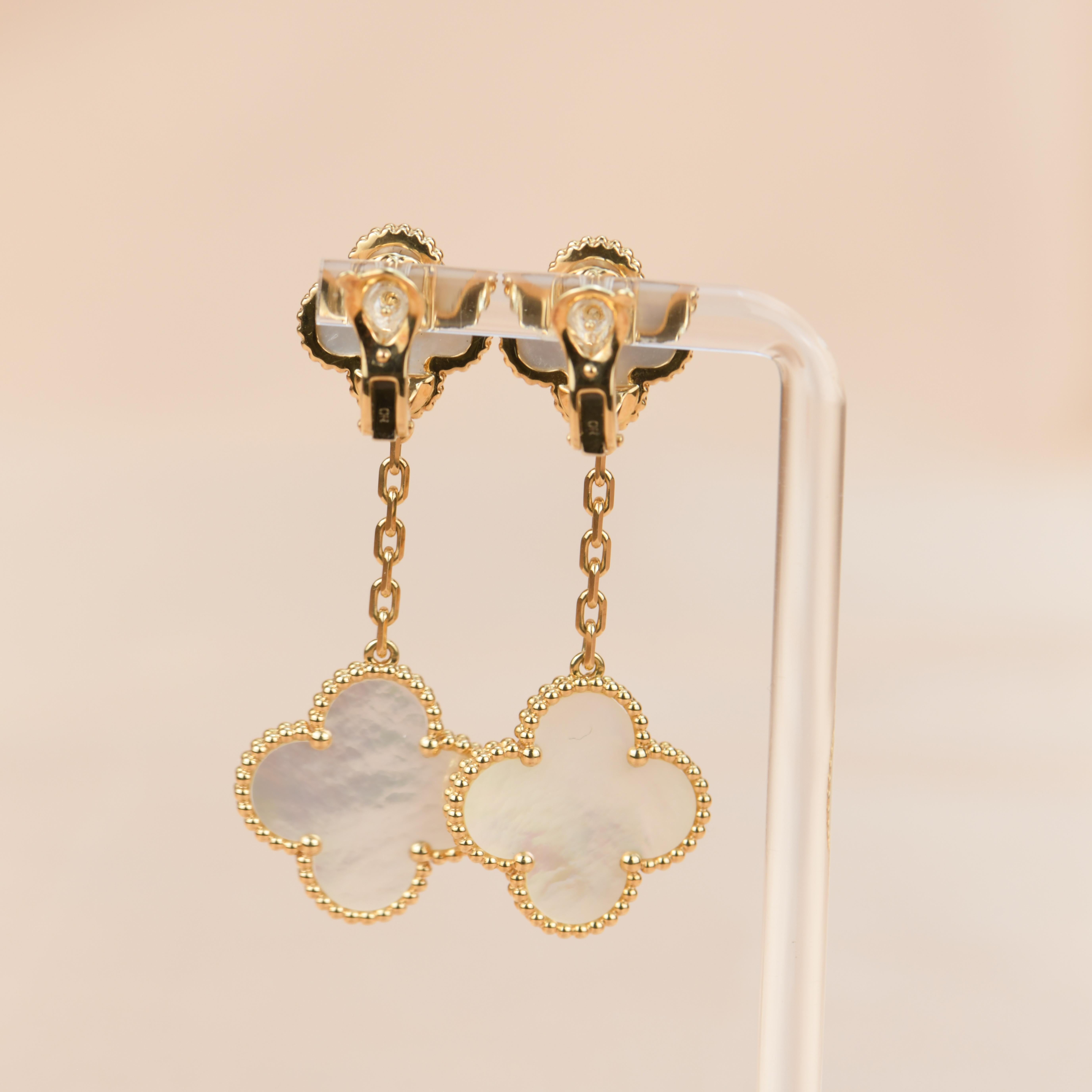 Van Cleef & Arpels VCA Magic Alhambra Long Mother of Pearl Gold Earrings 1