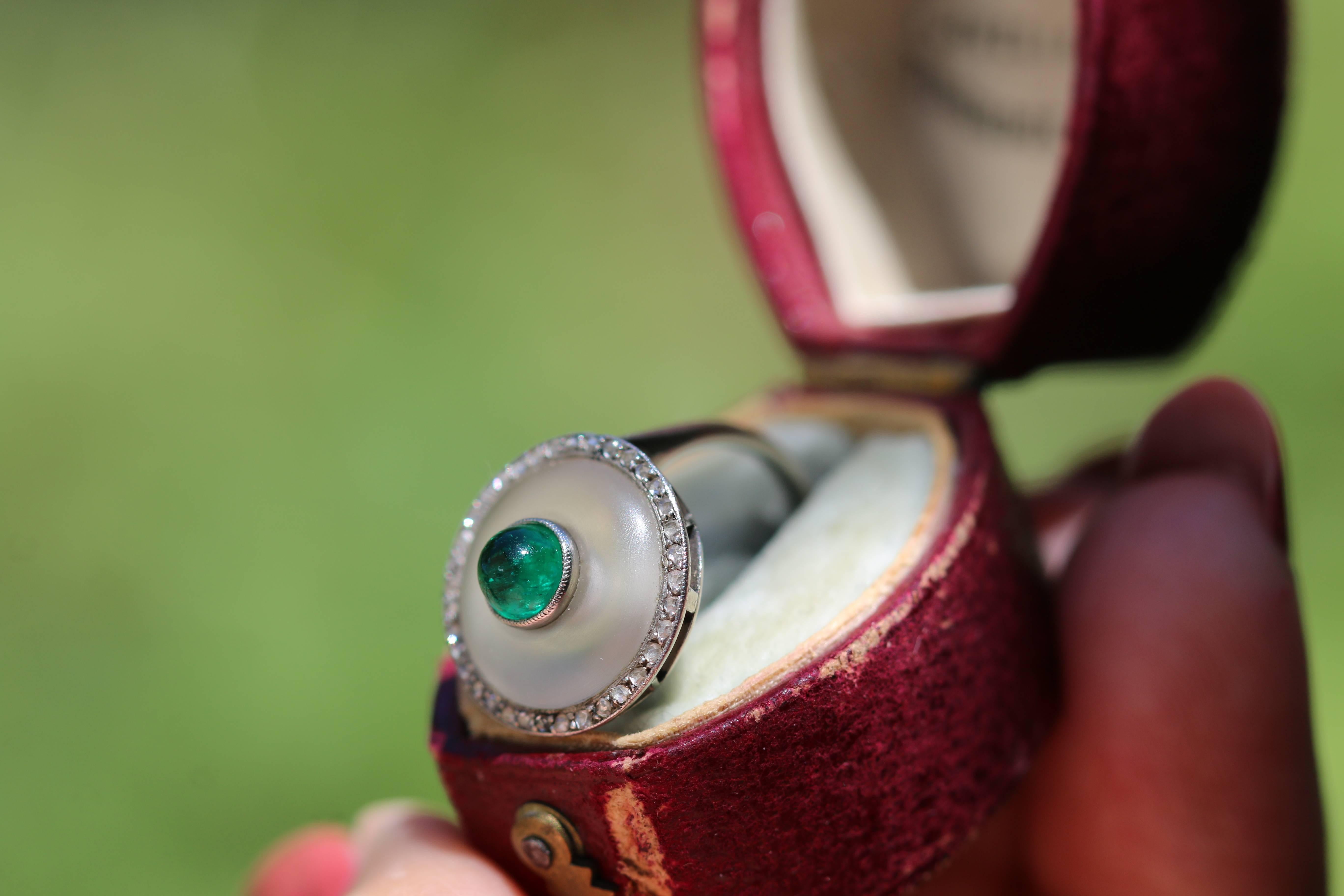 Art Deco Emerald and Rock Crystal Platinum Diamond Ring 2