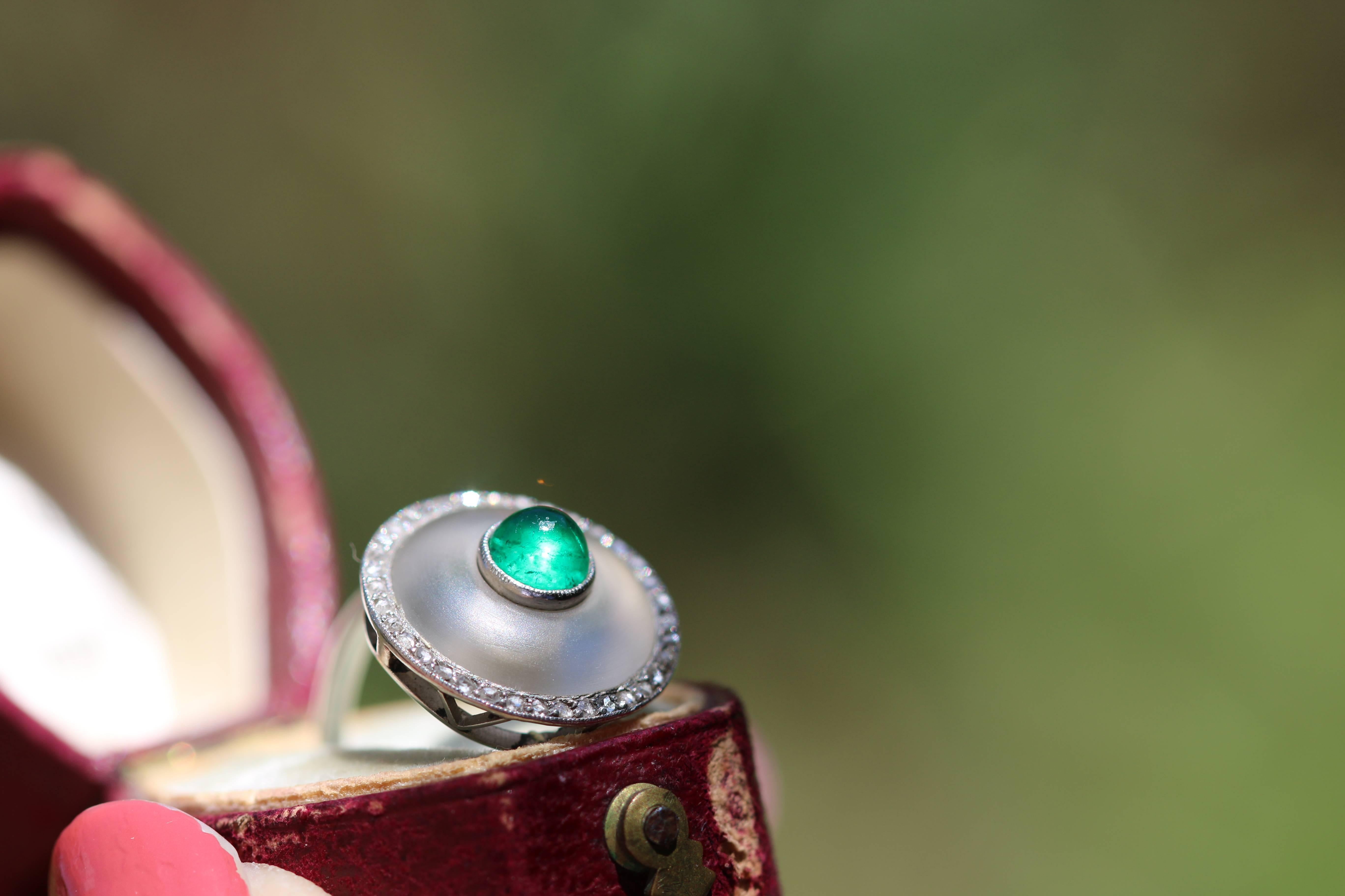 Art Deco Emerald and Rock Crystal Platinum Diamond Ring In Good Condition In Banbury, GB