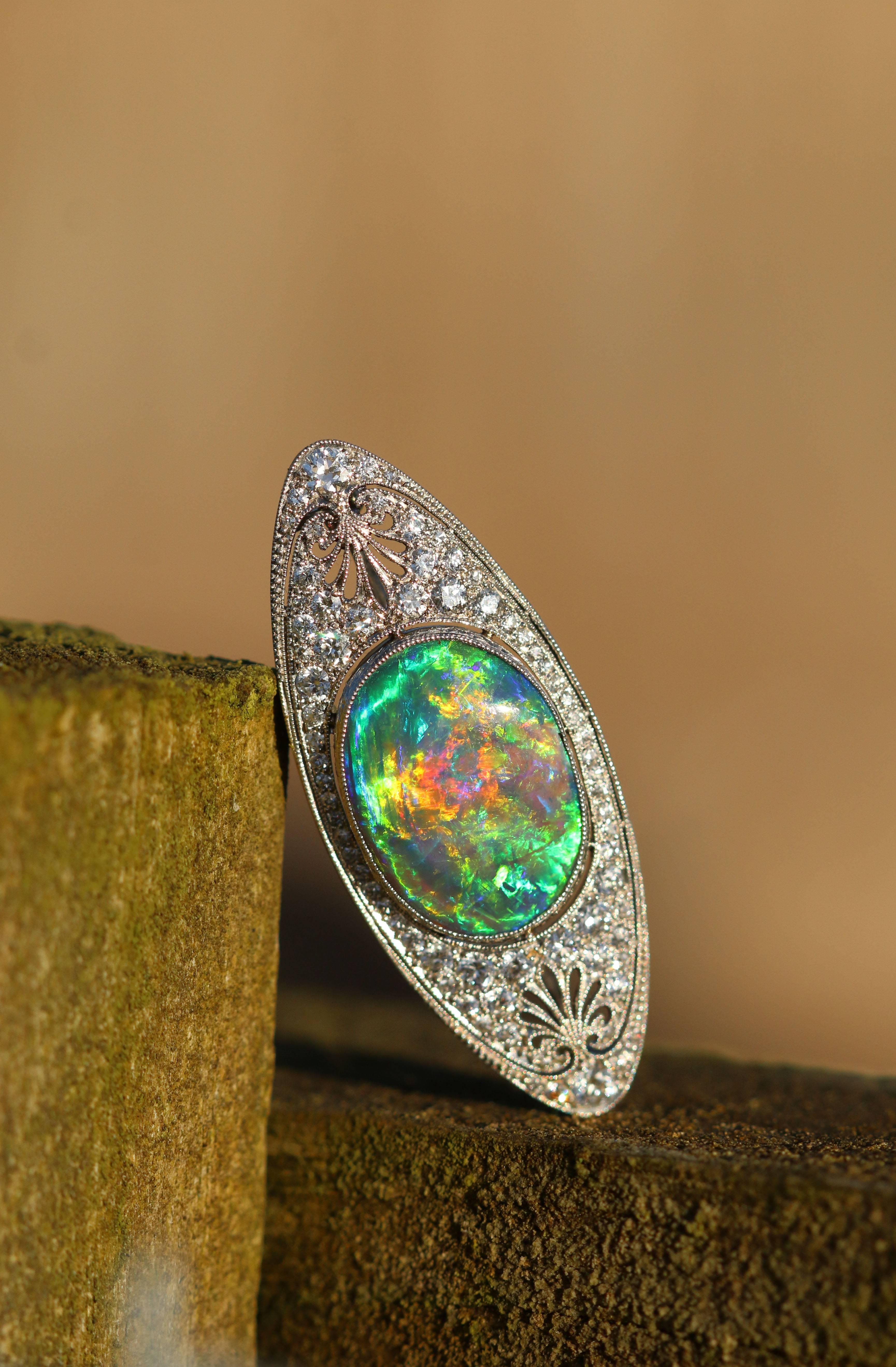 Edwardian Marcus and Co. Black Opal, Diamond and Platinum Brooch, 1917