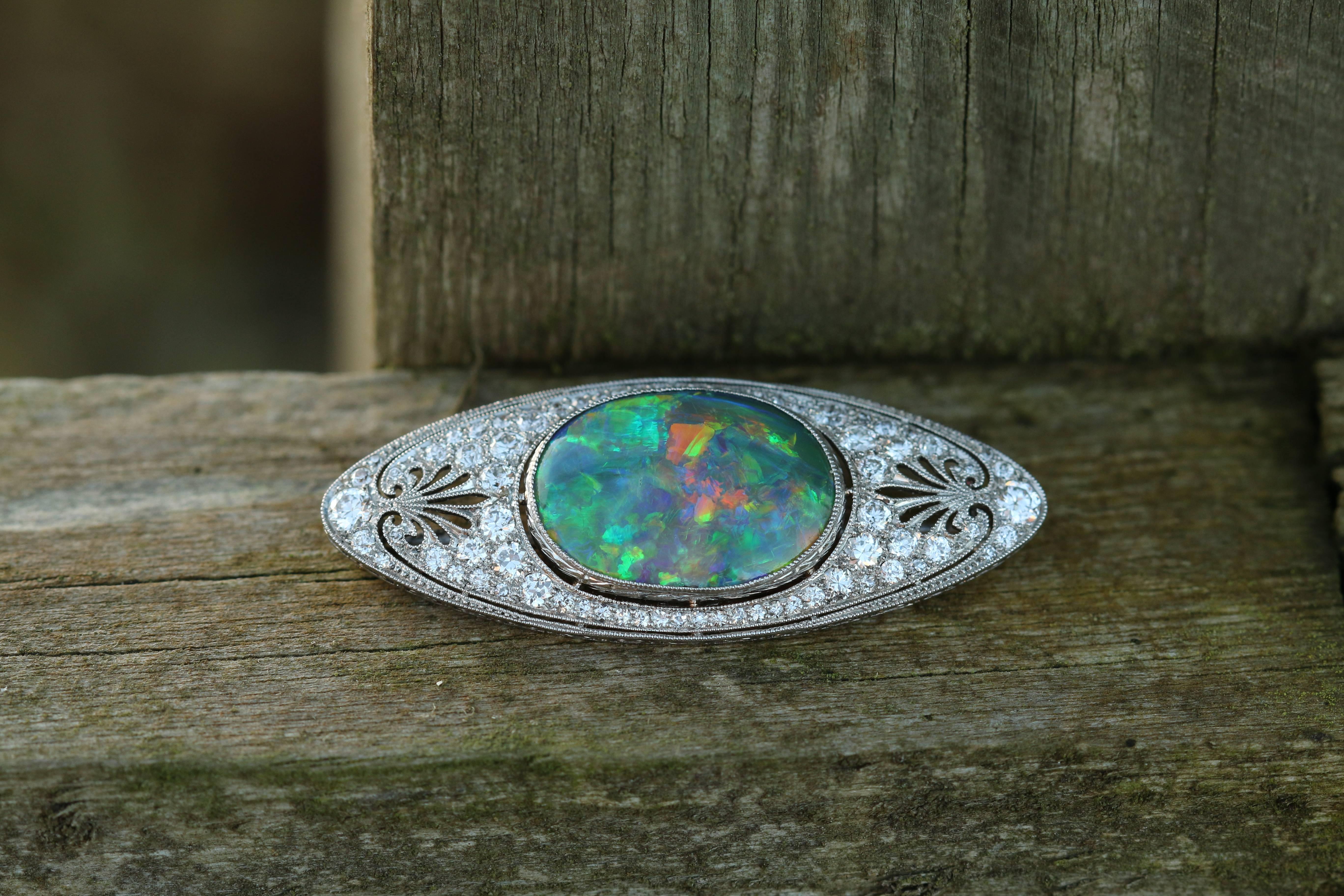 Marcus and Co. Black Opal, Diamond and Platinum Brooch, 1917 In Good Condition In Banbury, GB
