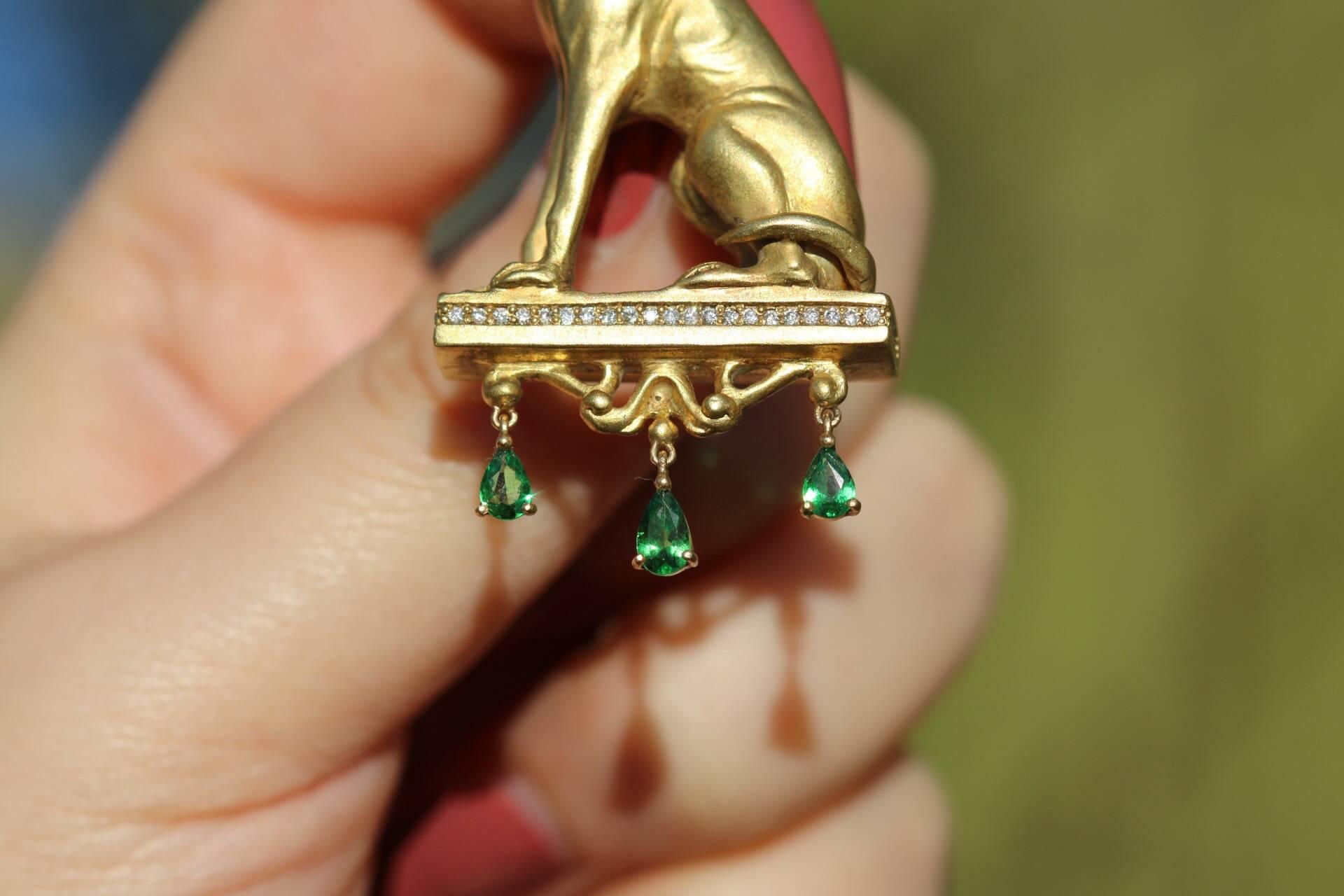 Pear Cut Retro 18 Karat Gold Greyhound with Emeralds, Diamonds and Enamel Dog Brooch