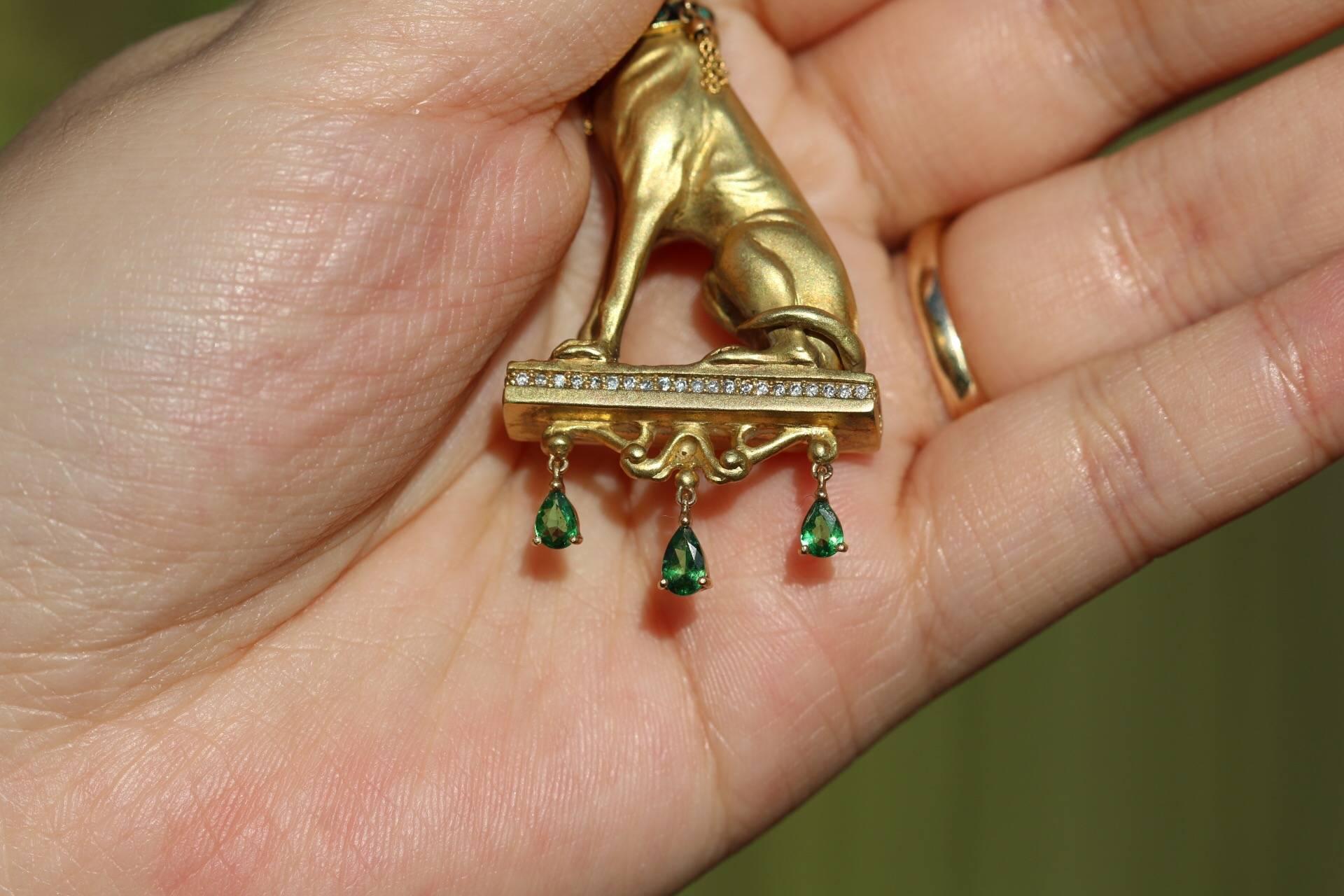 Women's Retro 18 Karat Gold Greyhound with Emeralds, Diamonds and Enamel Dog Brooch