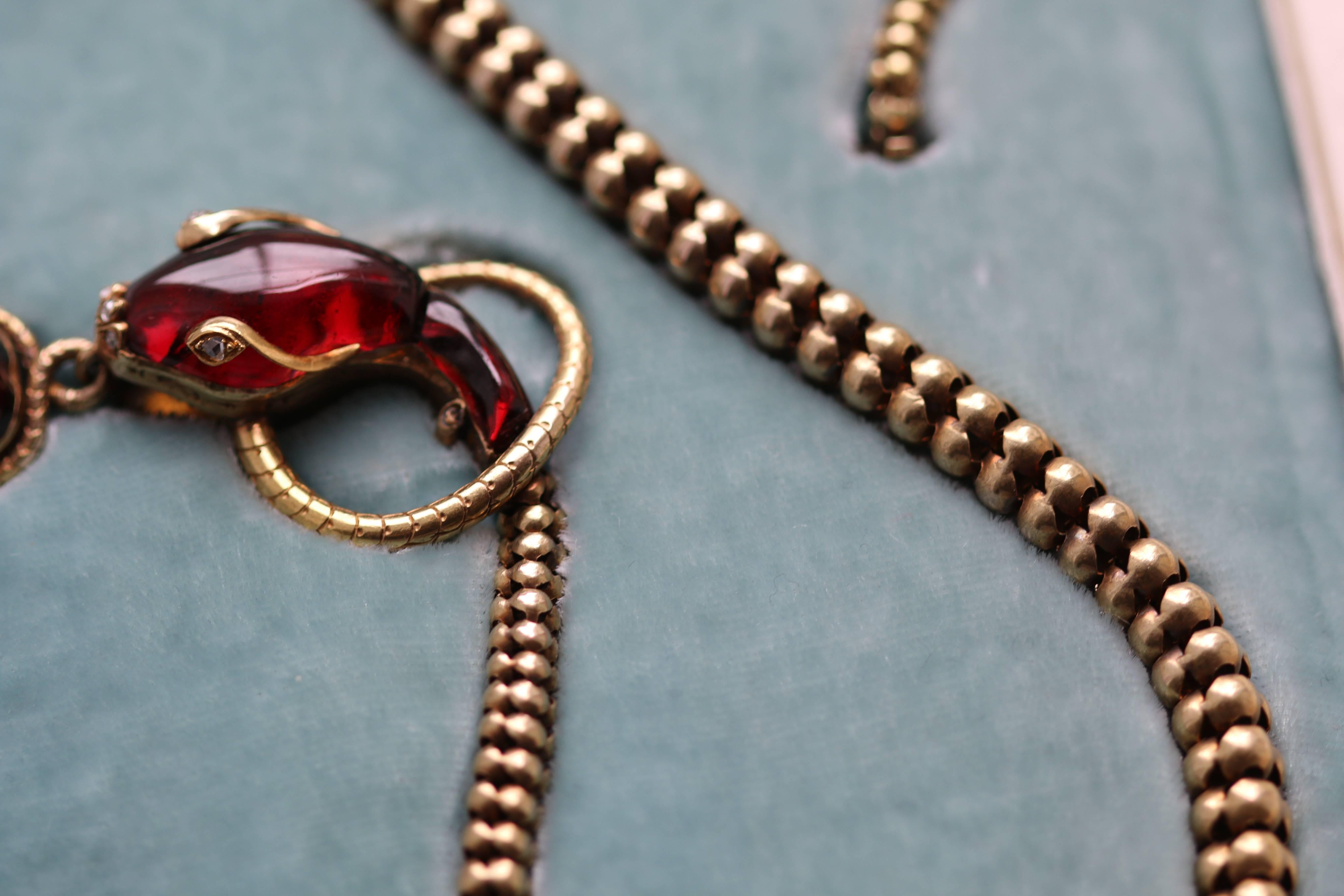 Women's Victorian Garnet, 15 Karat Gold and Rose Cut Diamond Snake Pendant Necklace
