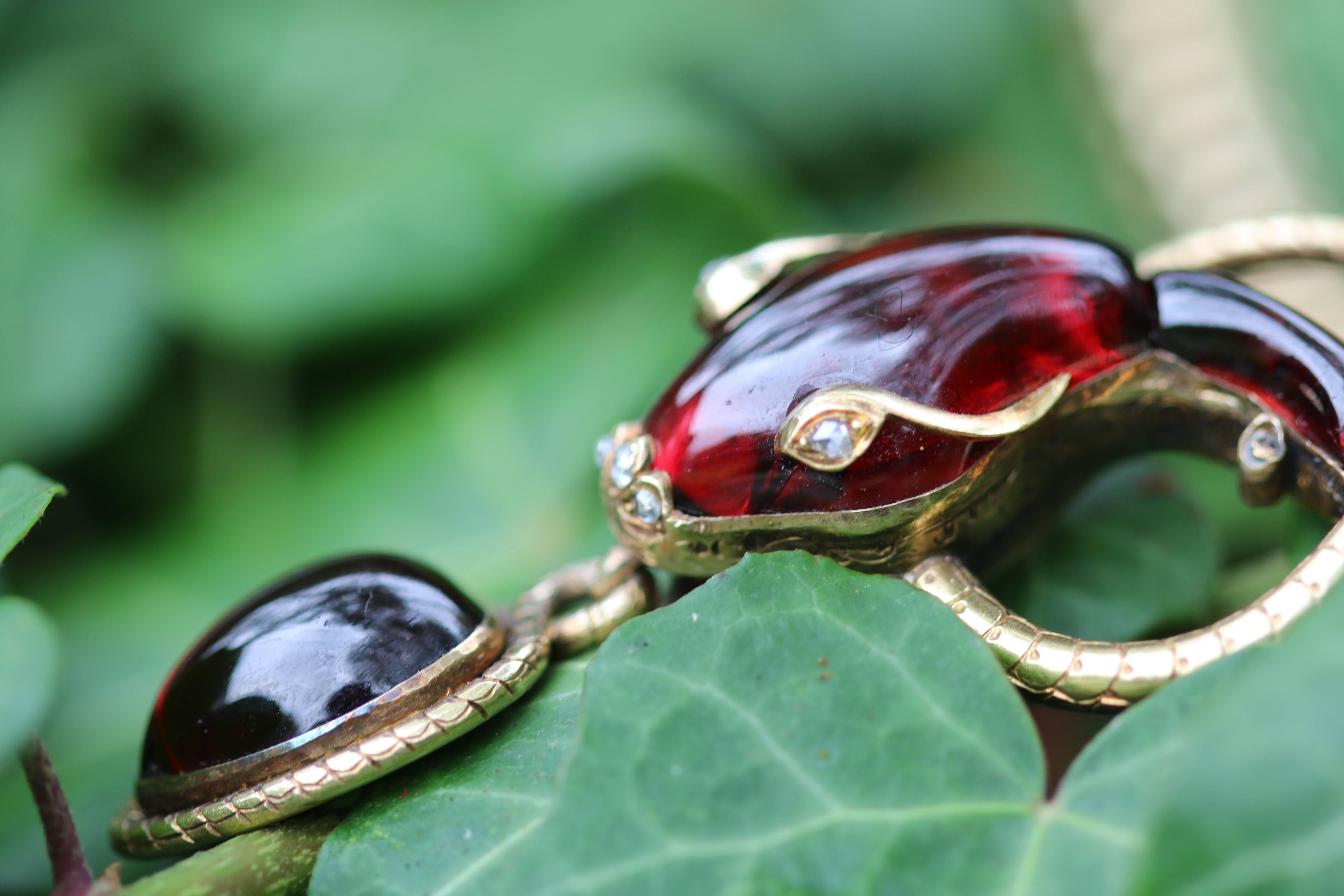 Victorian Garnet, 15 Karat Gold and Rose Cut Diamond Snake Pendant Necklace 2
