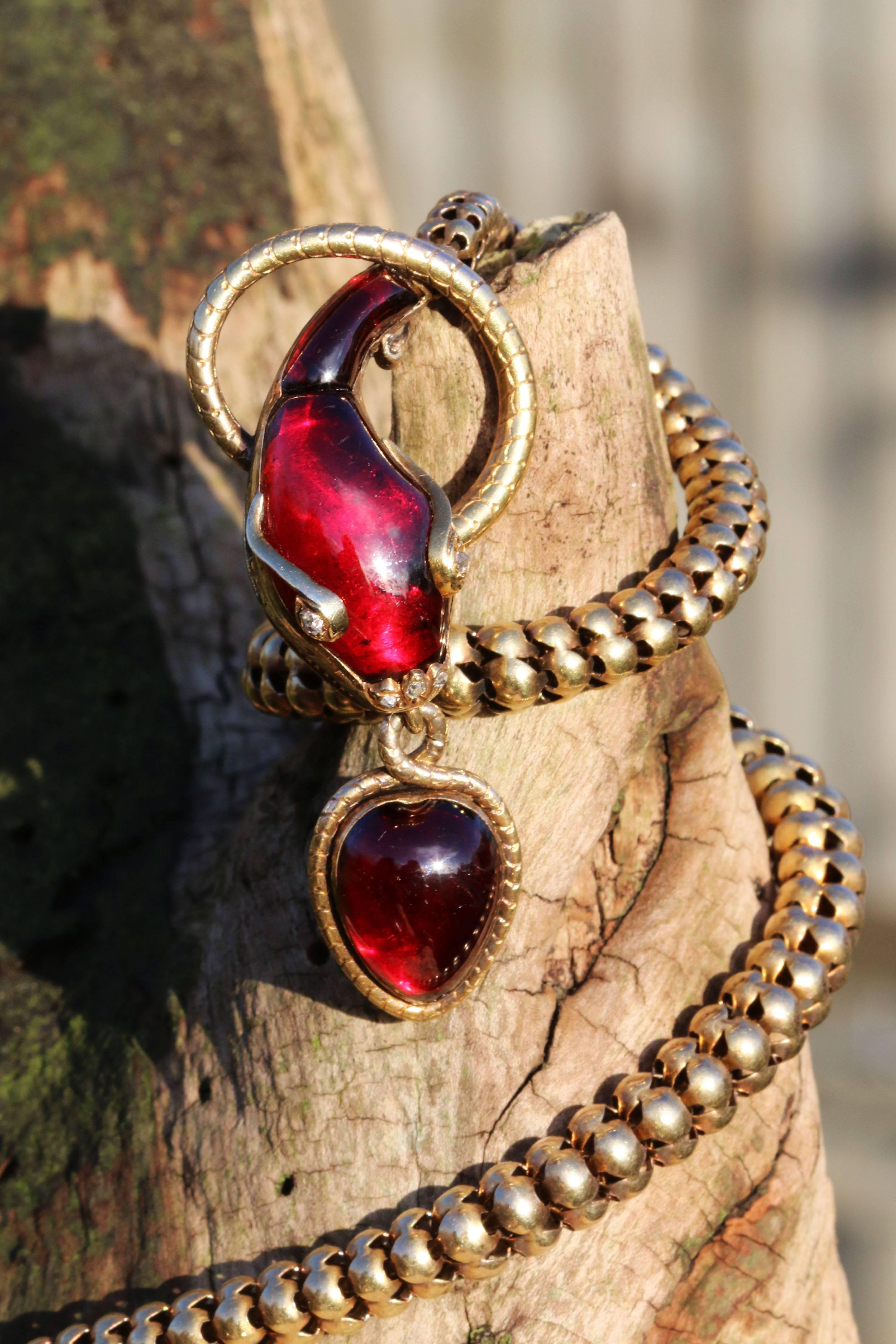Victorian Garnet, 15 Karat Gold and Rose Cut Diamond Snake Pendant Necklace 3