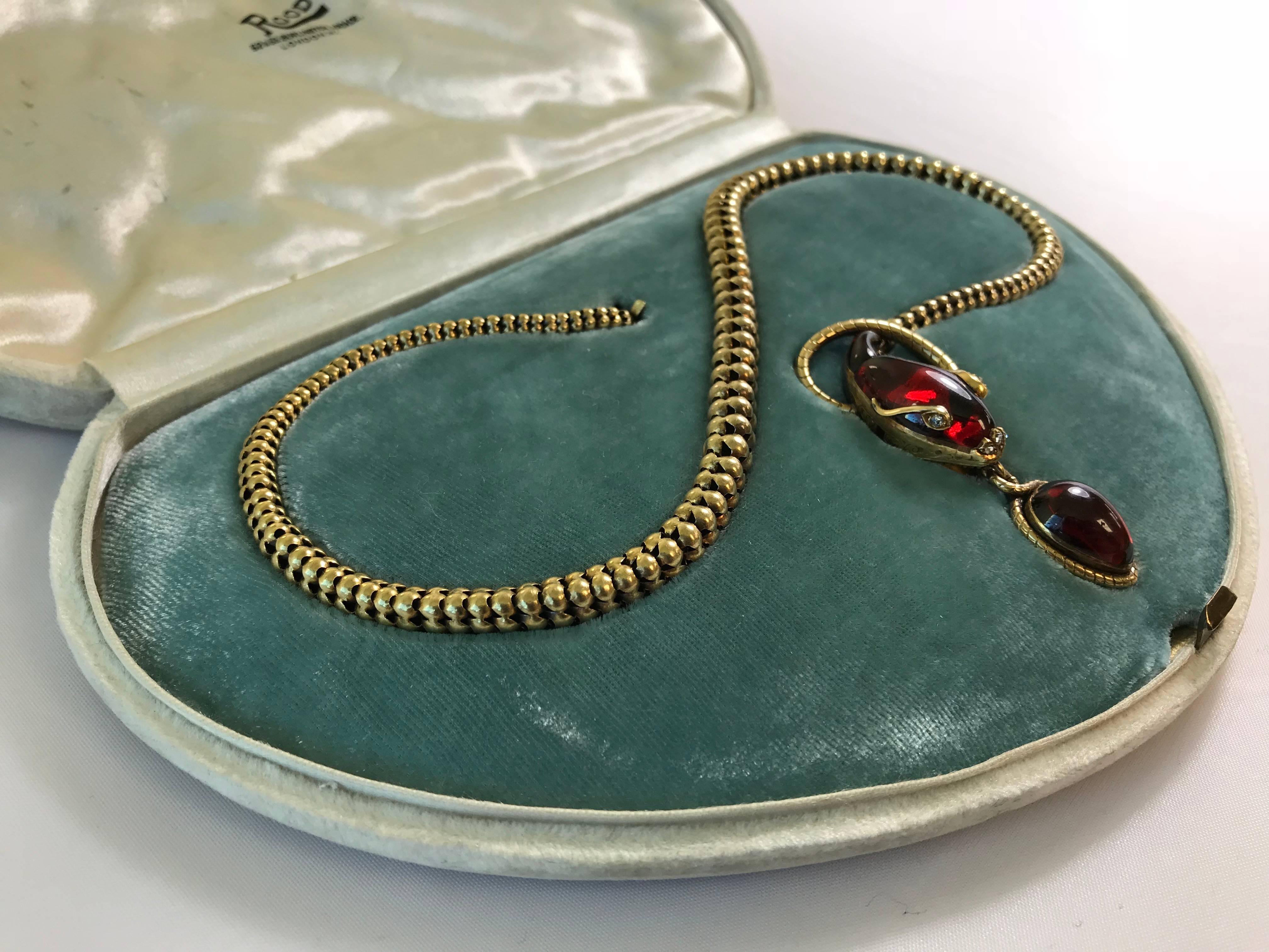Victorian Garnet, 15 Karat Gold and Rose Cut Diamond Snake Pendant Necklace 7