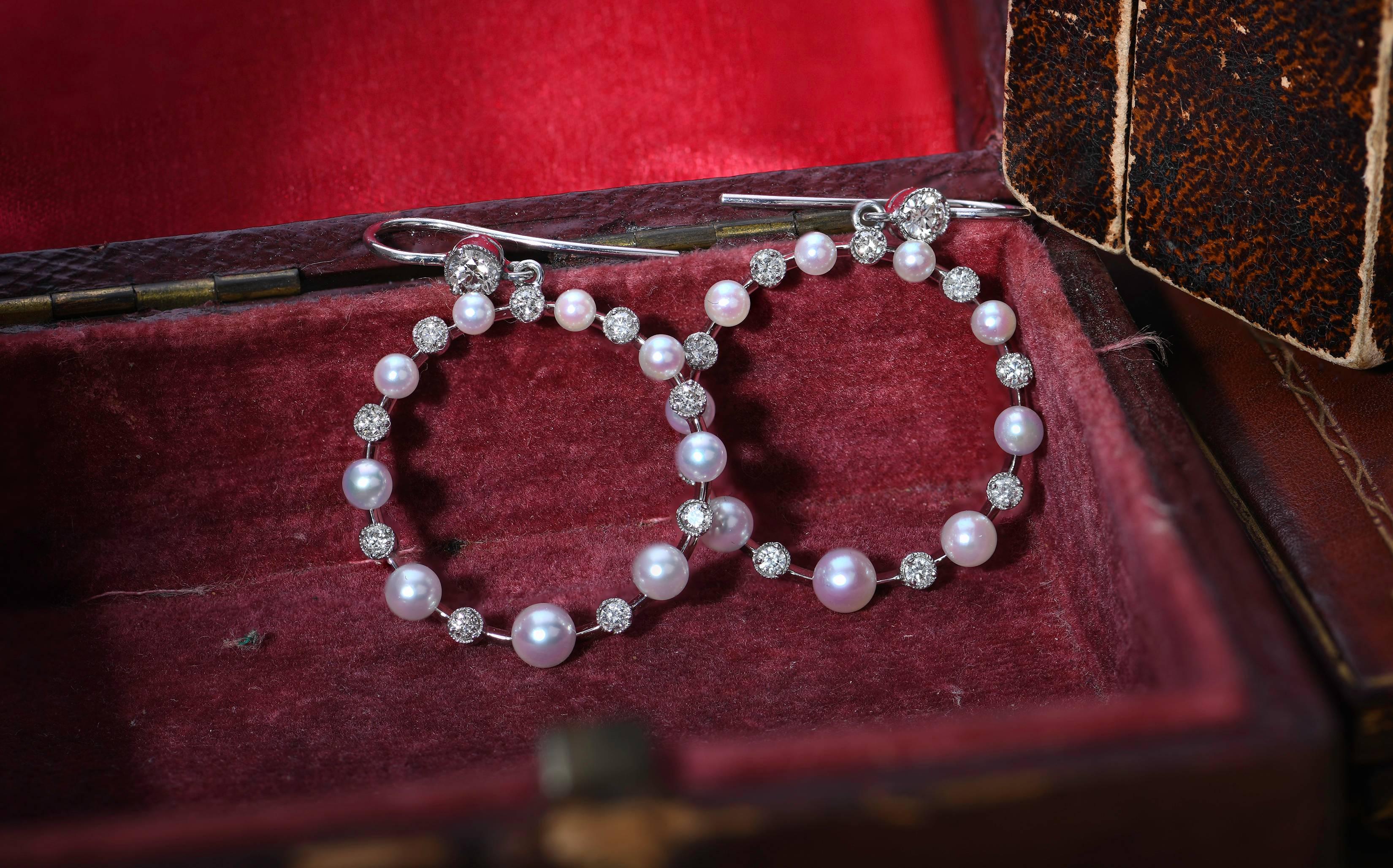 Women's Edwardian Style Pearl and Diamond Hoop 18 Karat White Gold Earrings