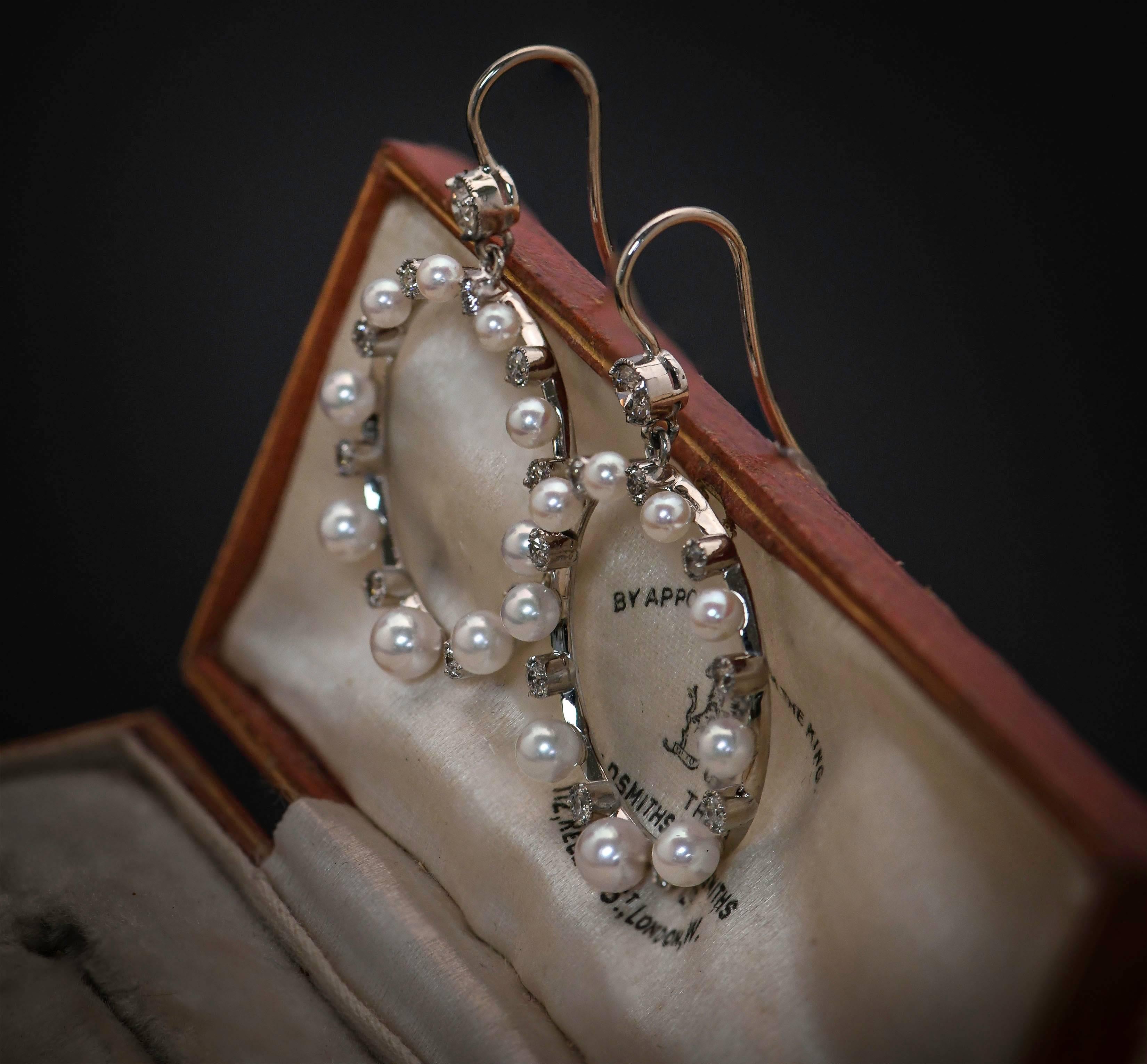 Edwardian Style Pearl and Diamond Hoop 18 Karat White Gold Earrings 1