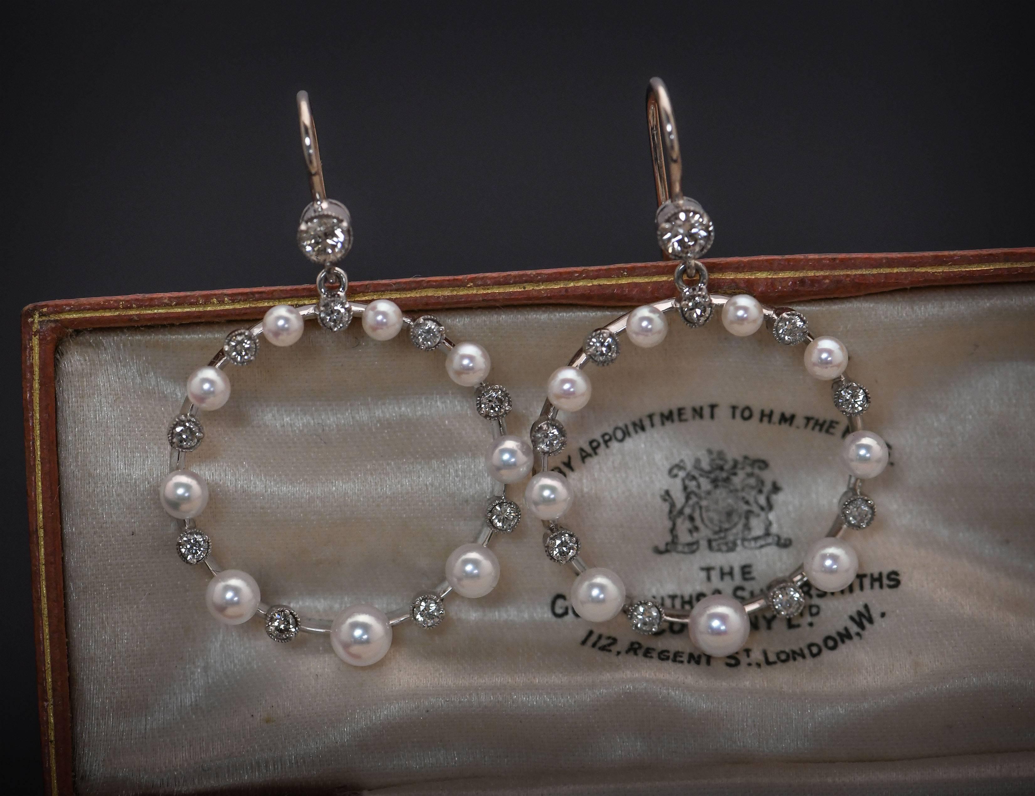 Edwardian Style Pearl and Diamond Hoop 18 Karat White Gold Earrings 2