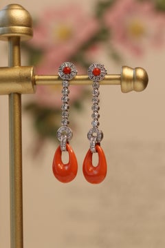 Orecchini di corallo con diamante in stile edoardiano in oro bianco 18 carati