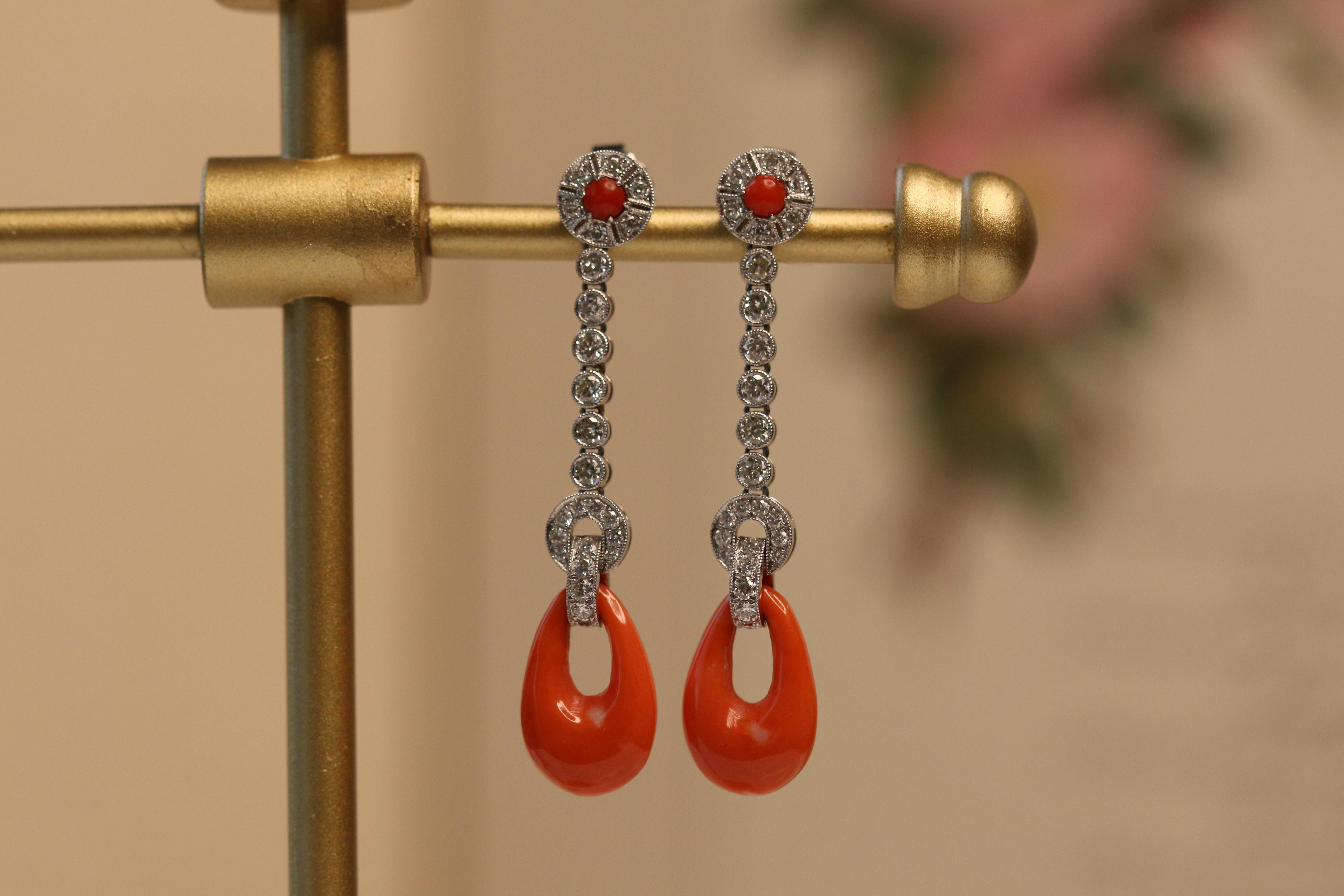 Women's or Men's Edwardian Style Diamond Coral 18 Karat White Gold Earrings