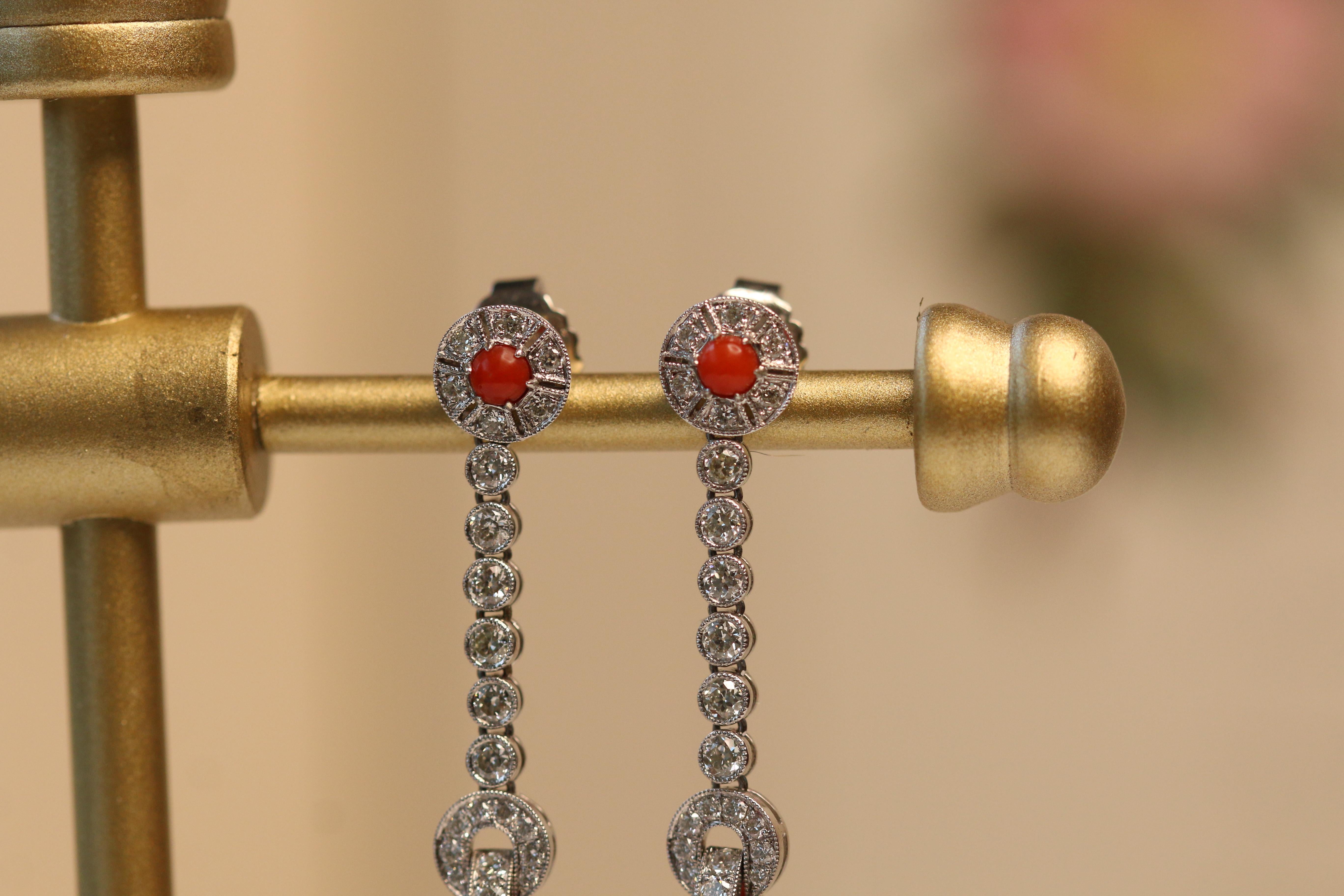 Edwardian Style Diamond Coral 18 Karat White Gold Earrings 2