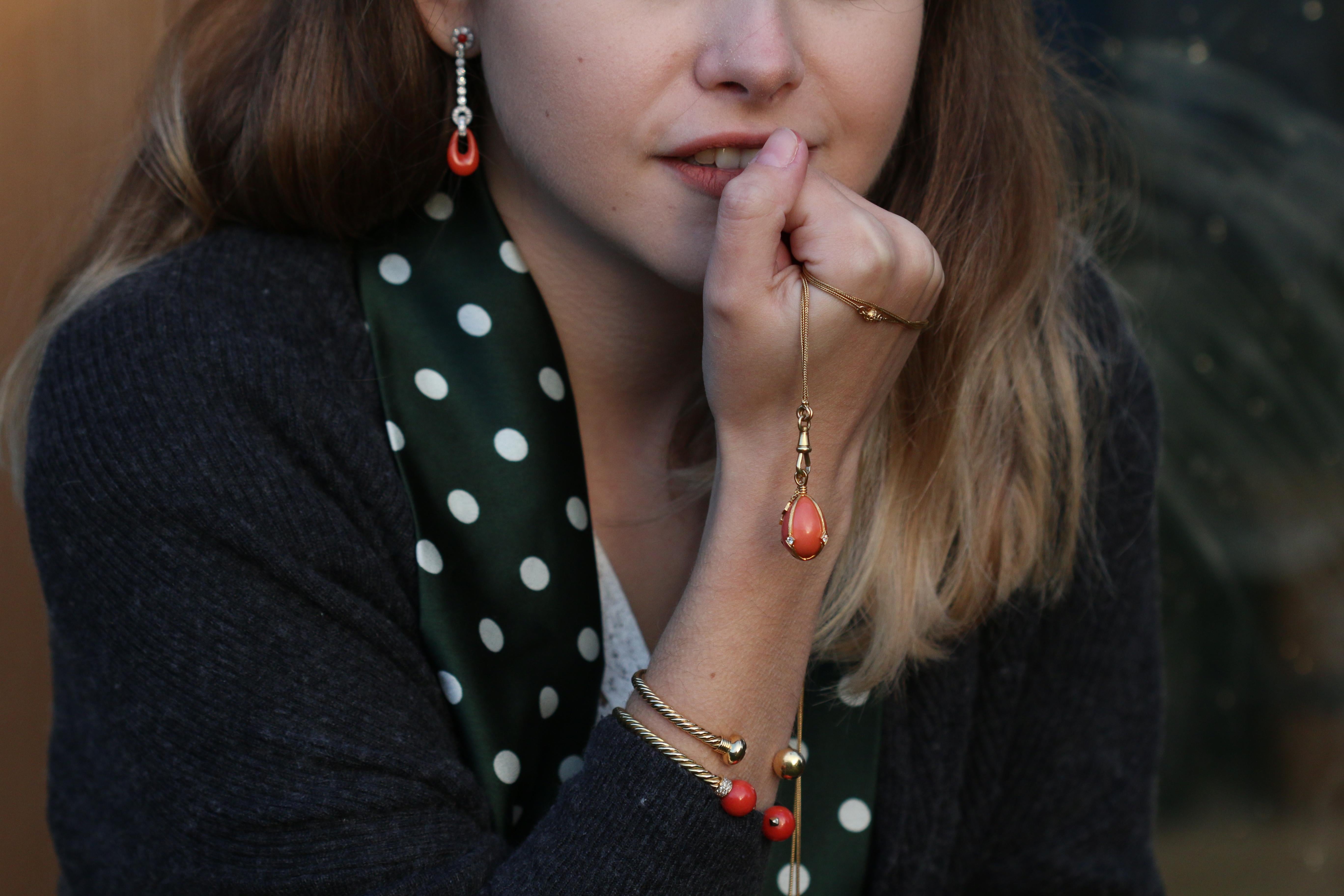 Victorian Style Coral Egg 18 Karat Yellow Gold and Diamond Pendant at