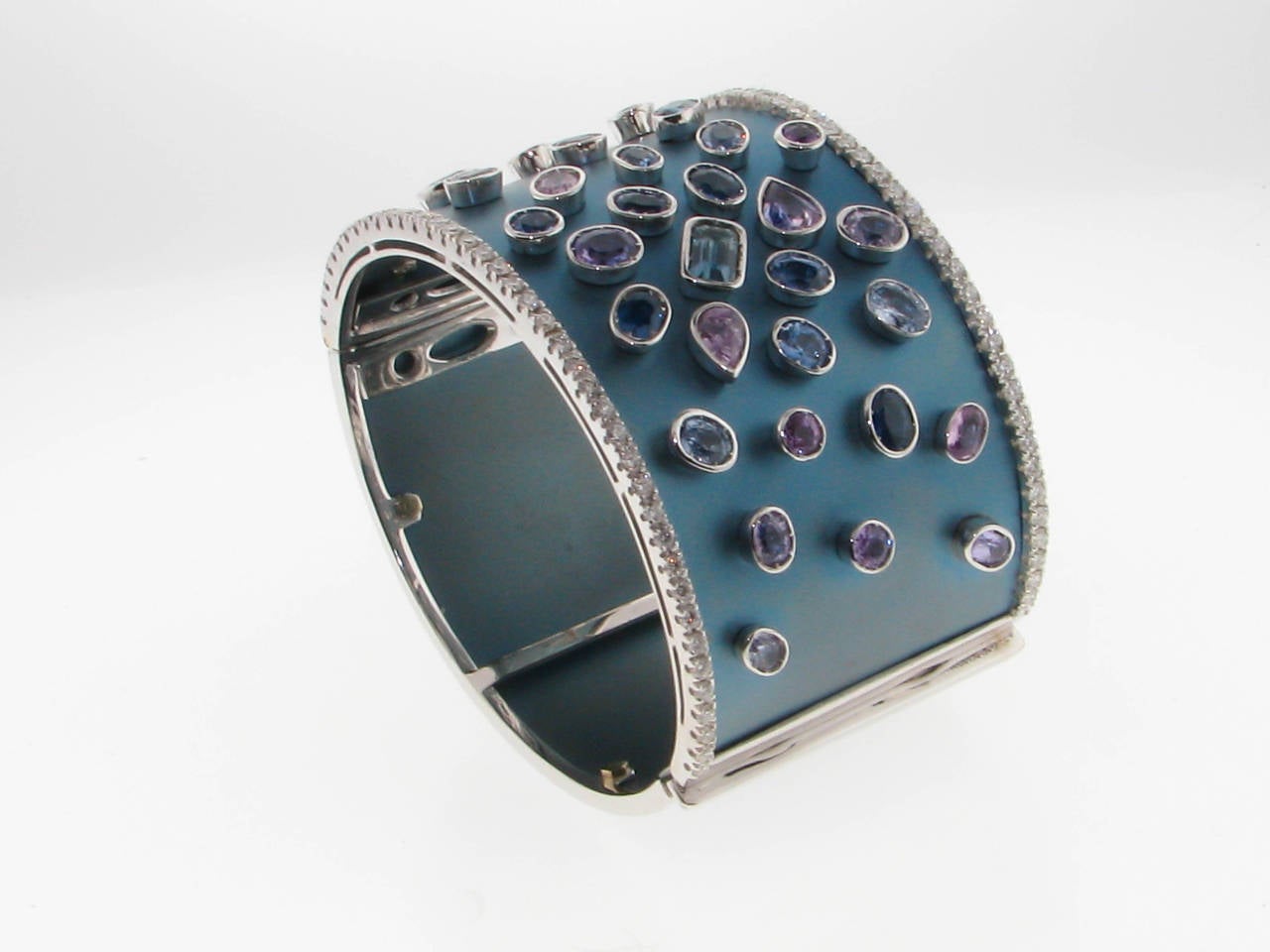 Multicolored Sapphire Gold Titanium Wide Cuff Bracelet