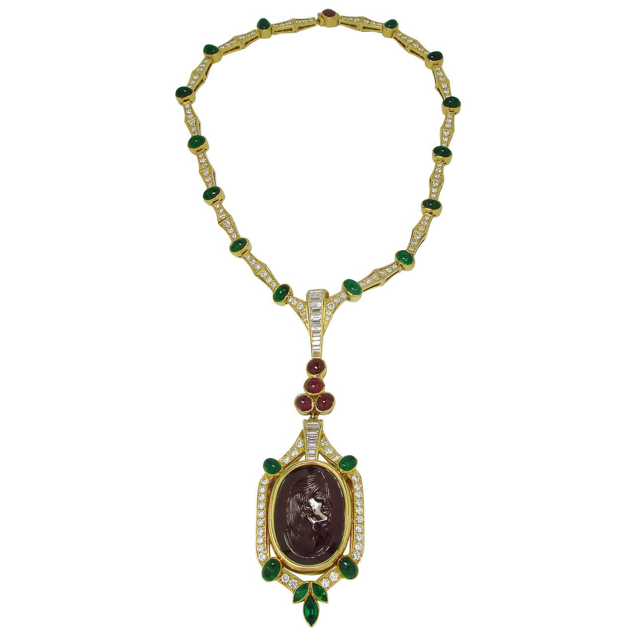 1980s Buccellati Ruby Emerald Diamond Gold Necklace For Sale