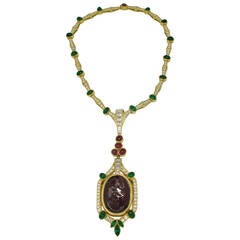 1980s Buccellati Ruby Emerald Diamond Gold Necklace
