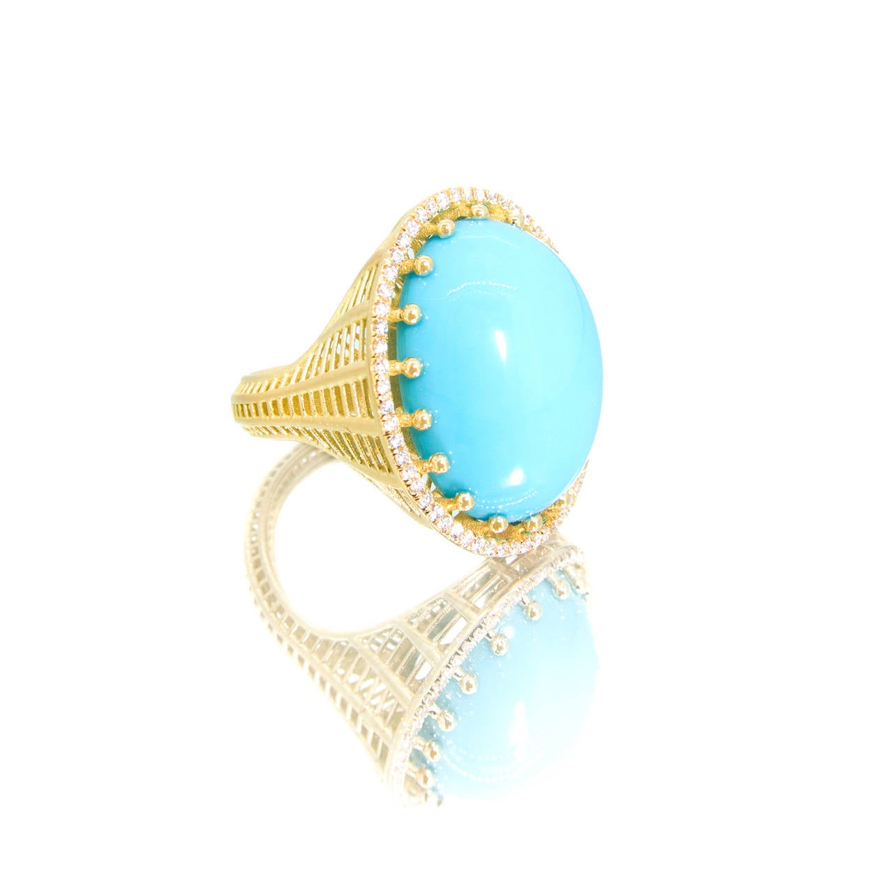 From the Wired Collection, a cocktail ring in 18k yellow gold with a ball-prong-set 14 ct Sleeping Beauty turquoise cabochon and white diamond pavé (0.23 ct). Cabochon is 15 x 20mm (or roughly 5/8 x 3/4