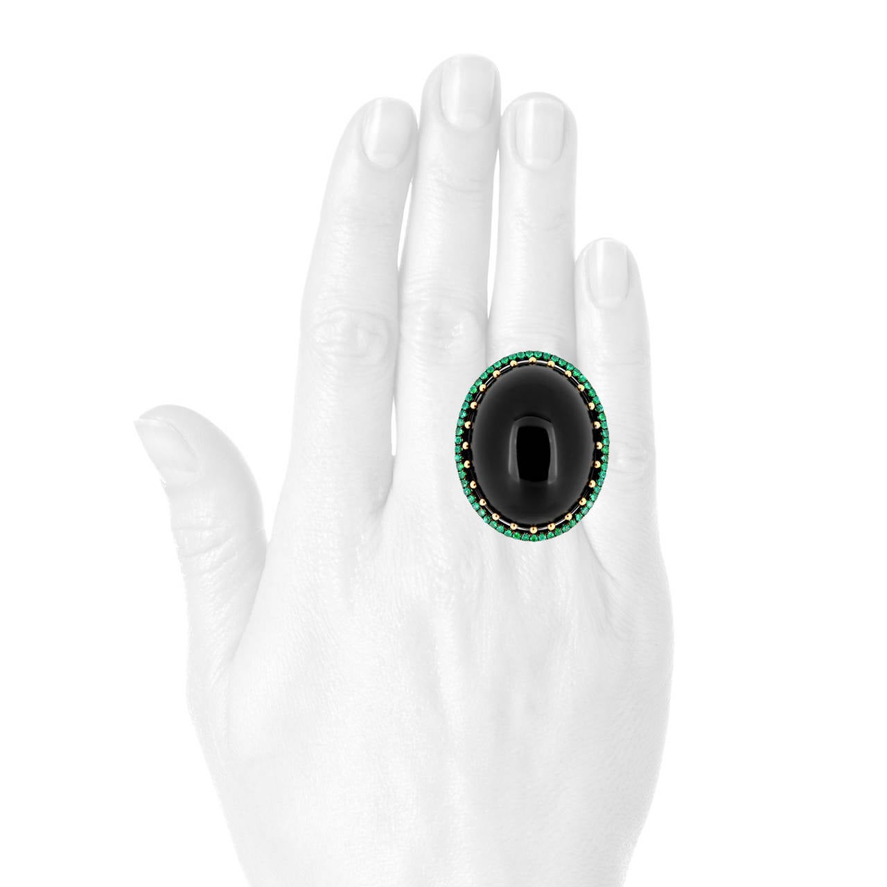 Black Agate Cabochon Emerald Pavé Ring  For Sale 1