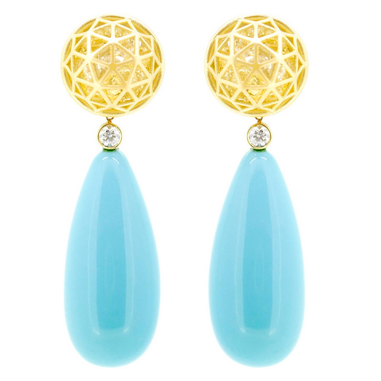 Roule & Company Shaker Dome Drop Earrings with Turquoise and Yellow Sapphires For Sale