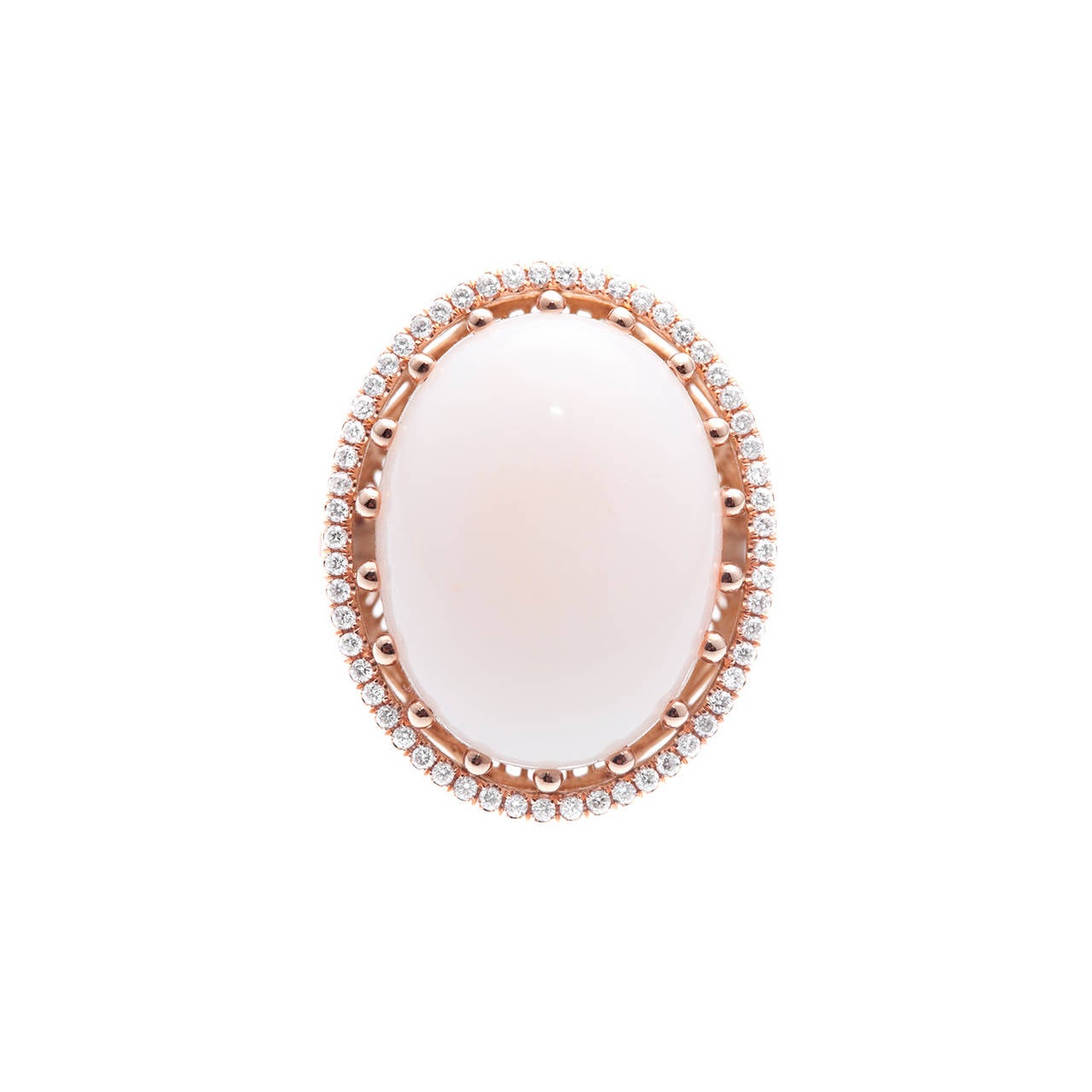 From the Wired Collection, featuring Roule & Company's signature wireform technique, a cocktail ring in 18k rose gold with ball-prong-set Japanese angel skin coral cabochon (16.04 cts) and white diamond pavé (0.27 cts). Cabochon is 15 x 20mm (or