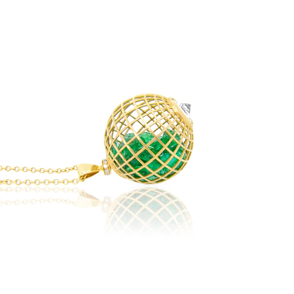 Contemporary White Sapphire Emerald Diamond Gold Pendant For Sale