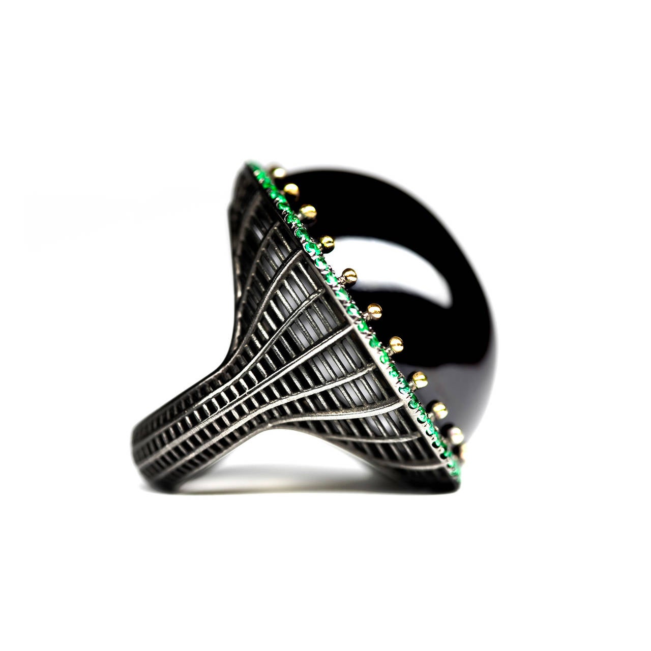 Women's Black Agate Cabochon Emerald Pavé Ring  For Sale