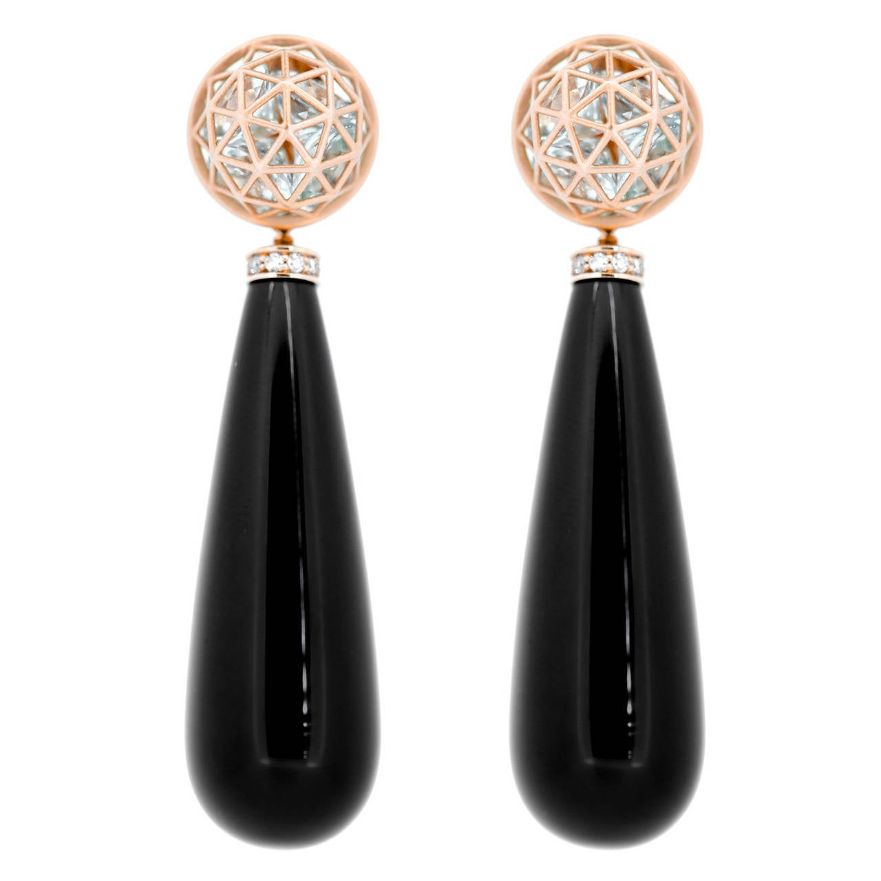 Roule & Company Aquamarine Black Agate Diamond Gold Shaker Dome Drop Earrings For Sale