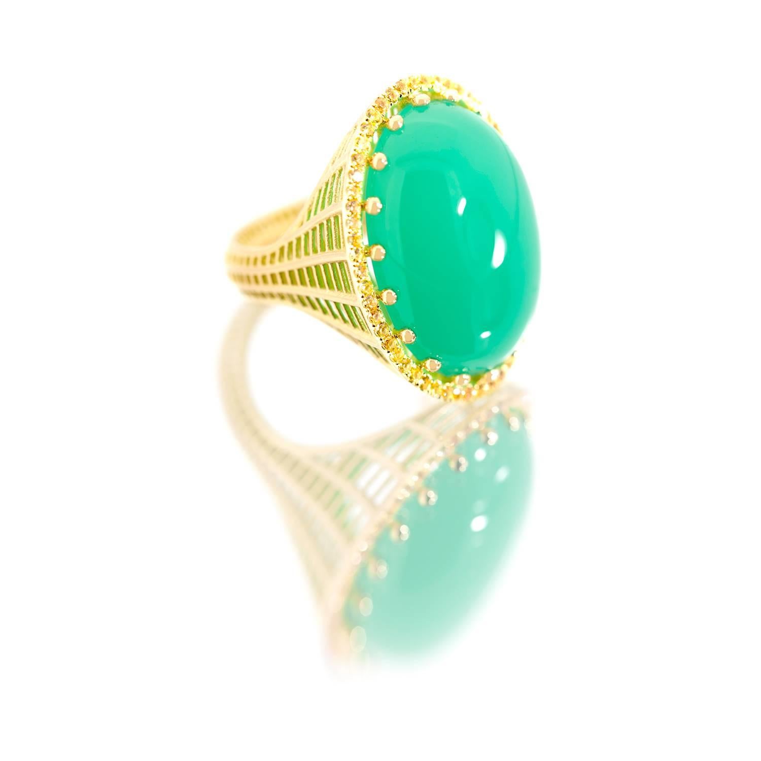 From the Wired Collection, featuring Roule & Company's signature wireform grid, a cocktail ring in 18k yellow gold with a ball-prong-set Australian chrysoprase cabochon (26 cts) and yellow sapphire pavé (0.67 cts). Cabochon is 18 x 24mm (or approx