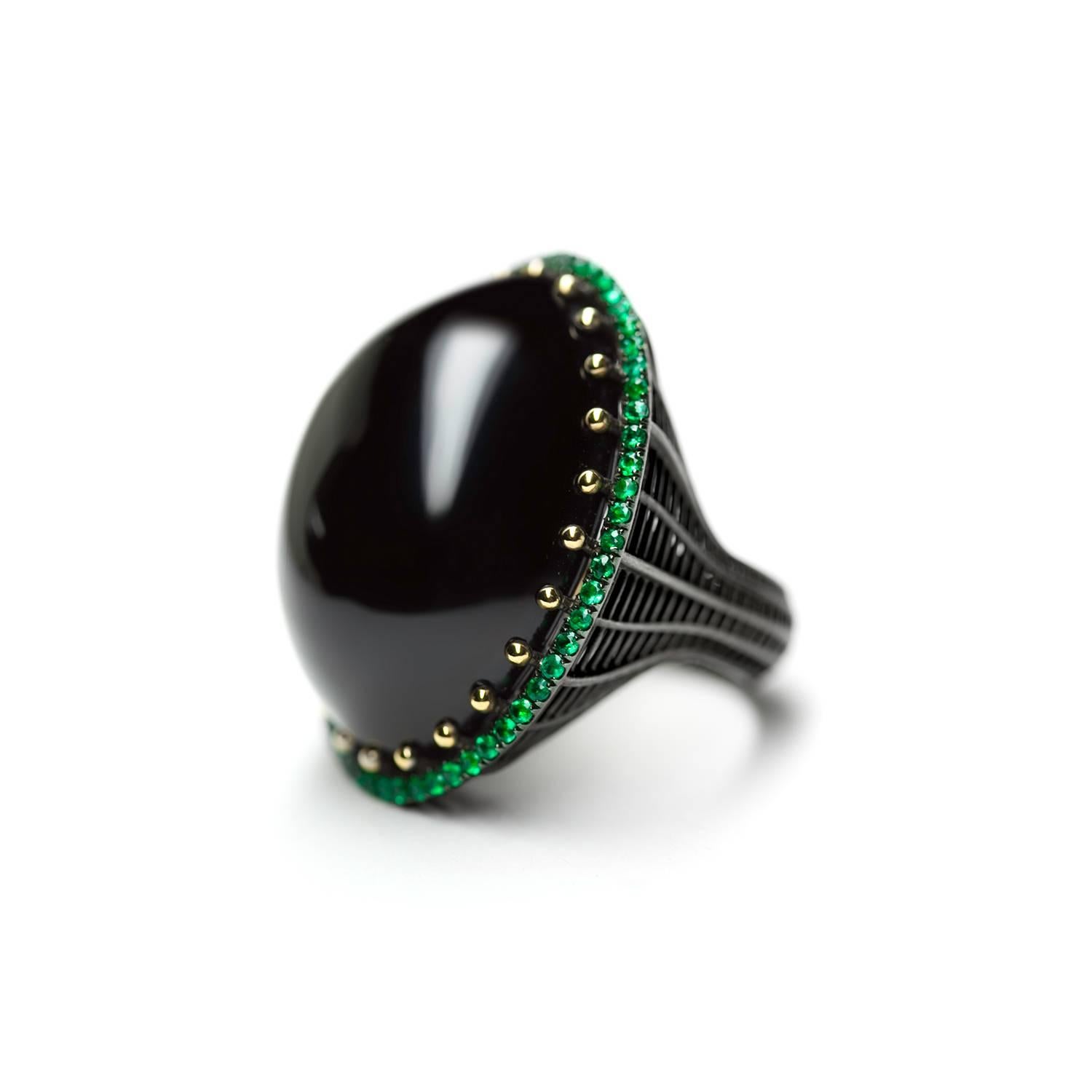 Contemporary Black Agate Cabochon Emerald Pavé Ring  For Sale