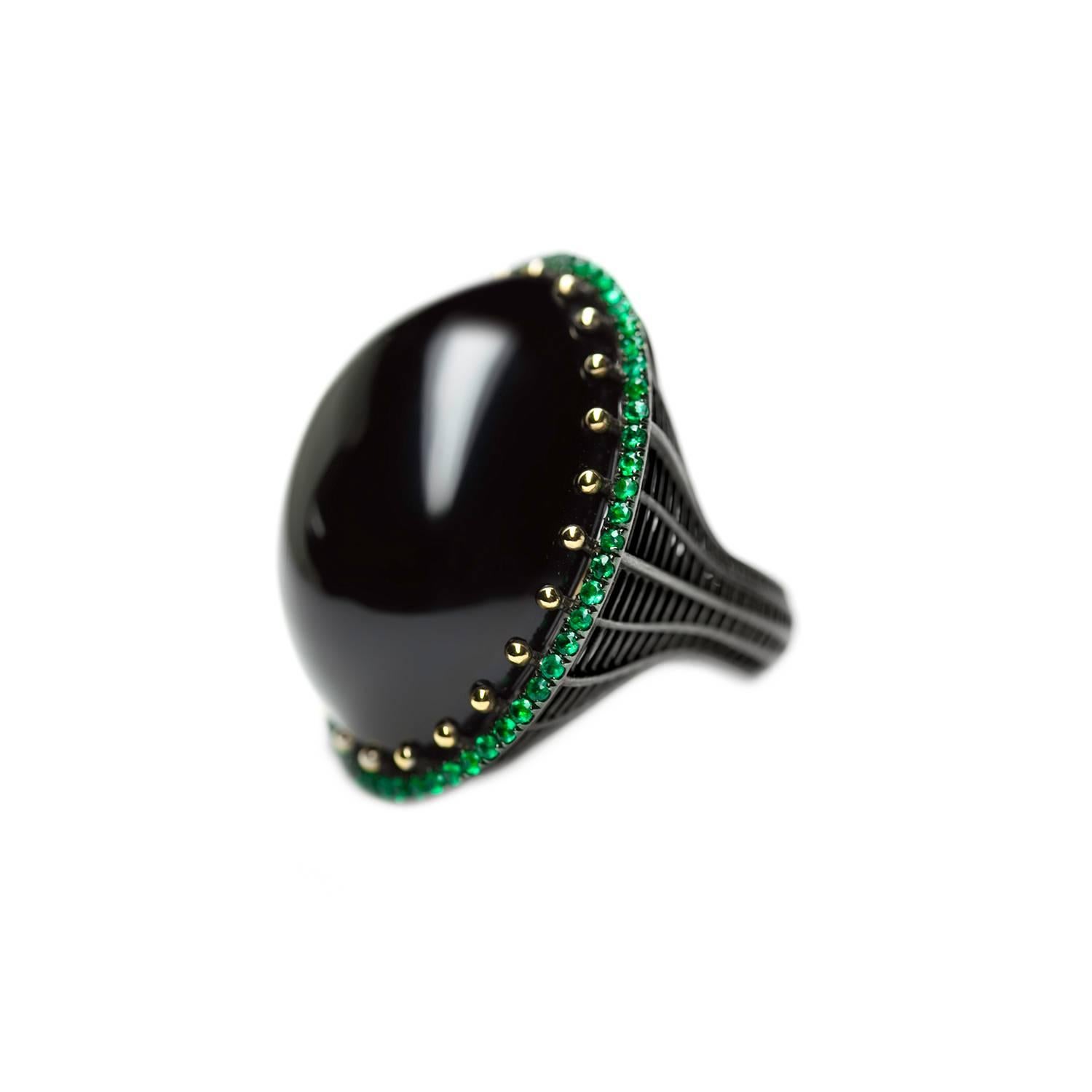 From the Wired Collection, featuring Roule & Co's trademark wireform metalwork, a cocktail ring in blackened 18k yellow gold with a ball-prong-set 65 ct black agate cabochon and emerald pavé (0.9 ct). Cabochon is 24mm x 31mm (or roughly 1