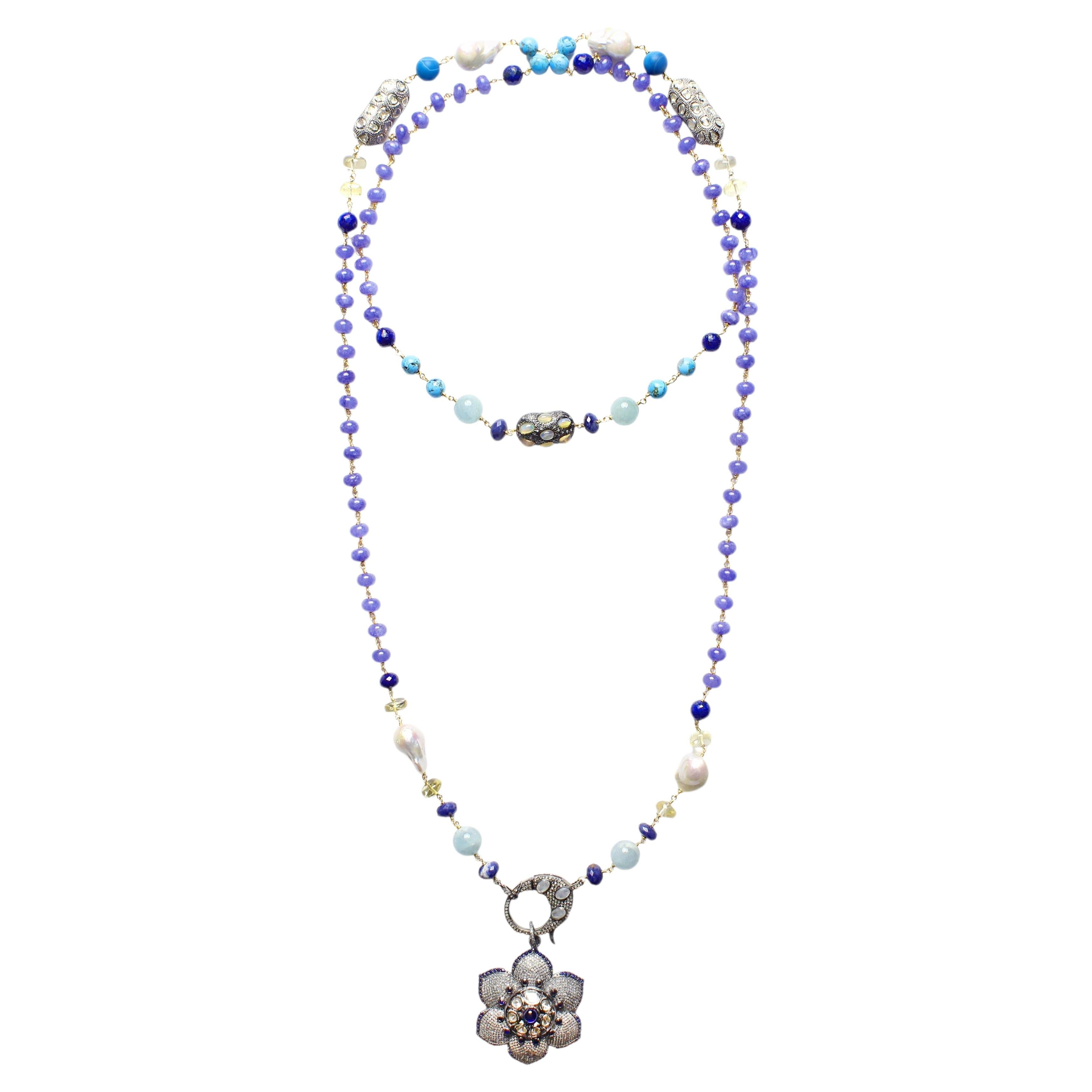 CLARISSABRONFMAN Tanzanite PolkiDiamond Sapphire Turquoise CarmenFlower Necklace