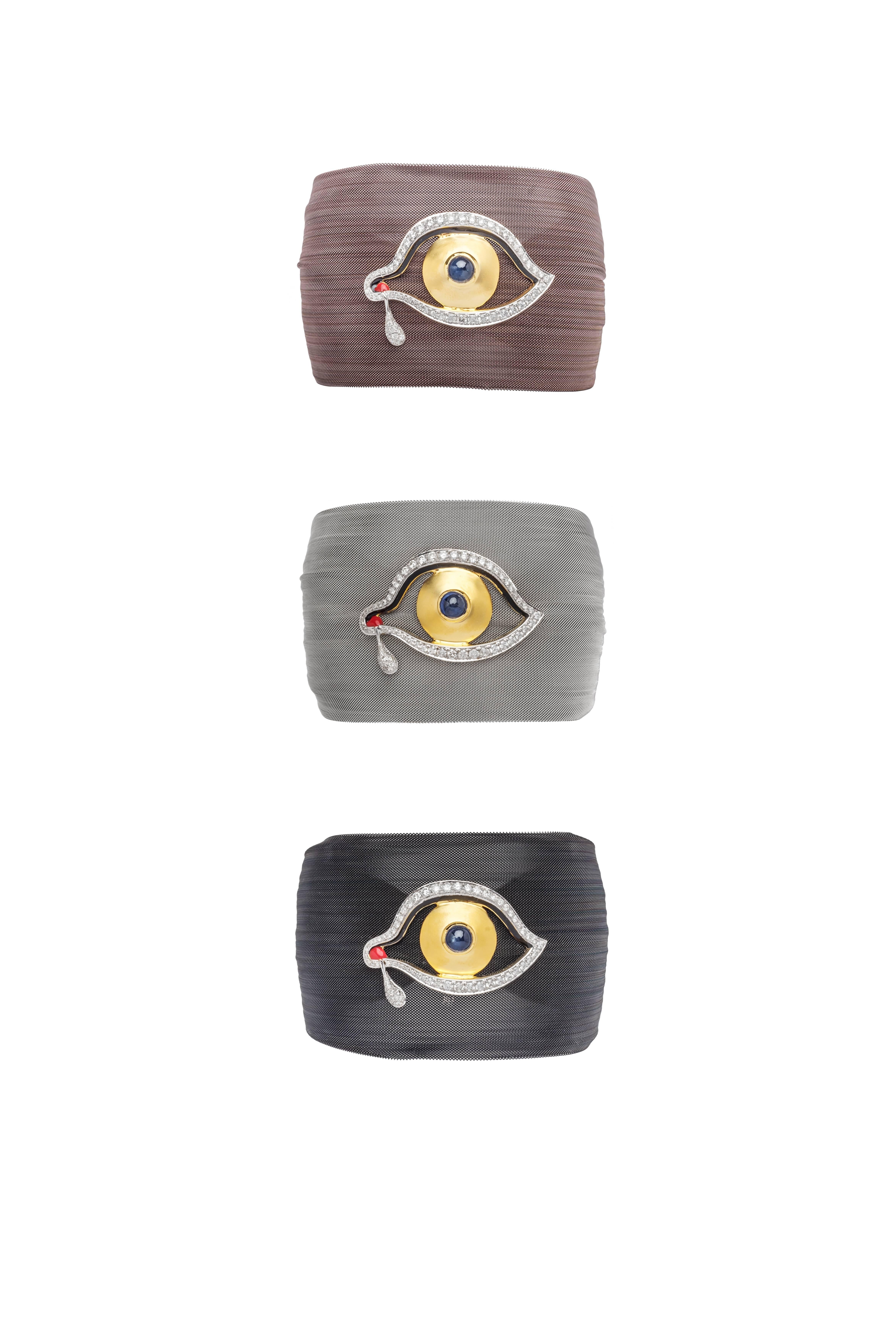 Contemporary Clarissa Bronfman Diamond and Sapphire Black 'Dali Eye Mesh' Bracelet 
