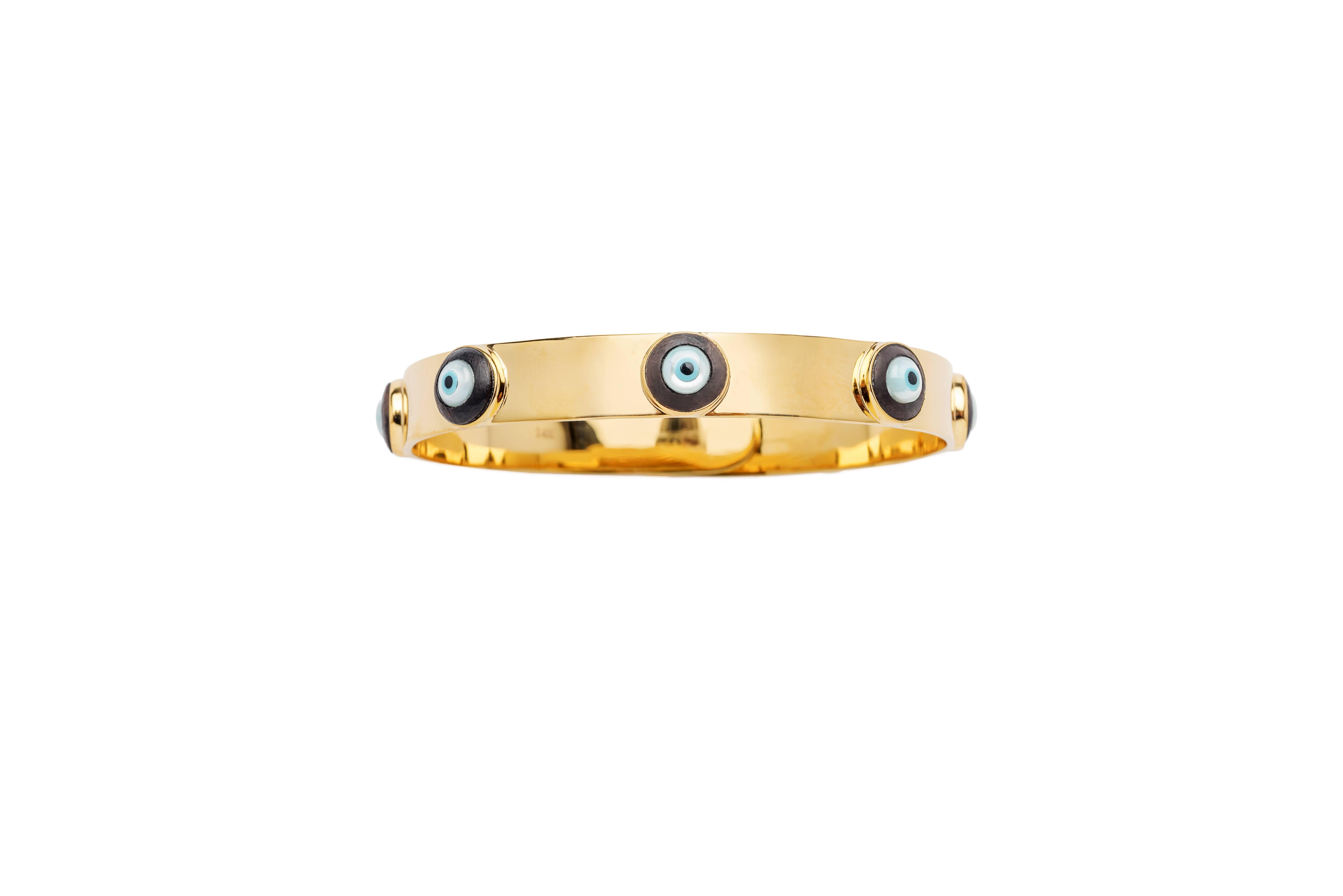 14K Gold with Evil Eyes in Enamel 
Price applies to each bracelet

**Currently out of stock, but available for order. What this means, is that if you make a purchase, please allow us approximately 4 weeks to have ordered and shipped out. Due to