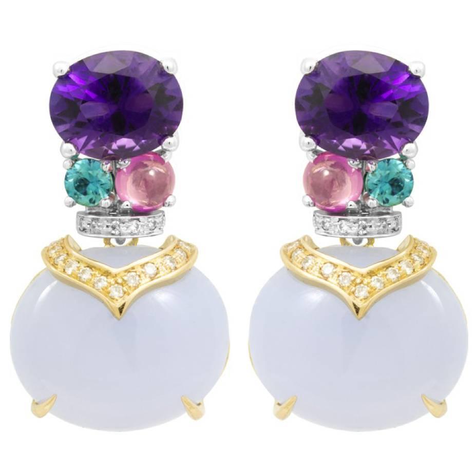 Amethyst, Lavender Chalcedony and White Diamond Drop Cocktail Earrings